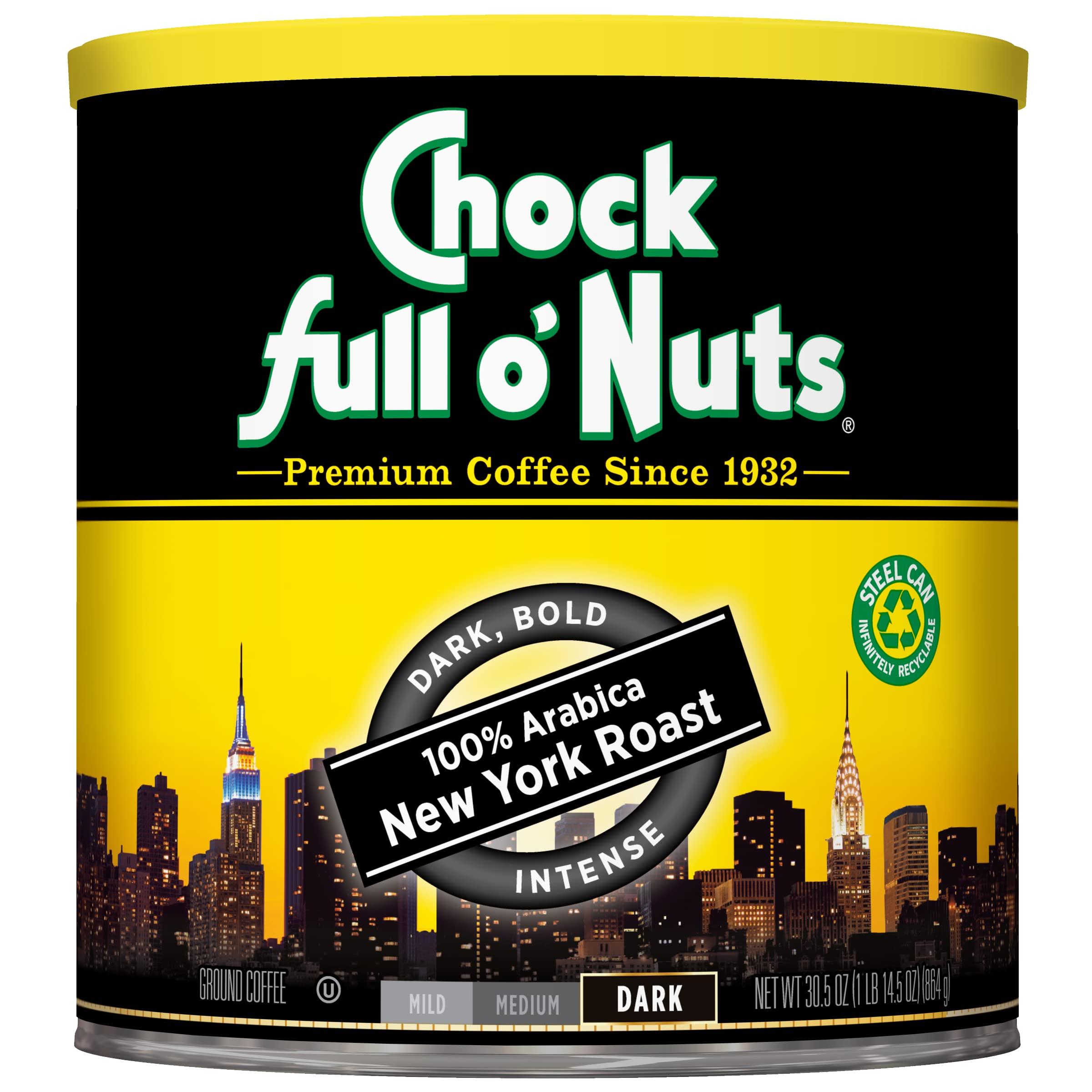 Chock Full o' Nuts Chock Full oNuts New York Roast, Dark Roast Ground Coffee Gourmet Arabica Coffee Beans Bold, Full-Bodied and Intense Coffee (30.5 Oz. Can)