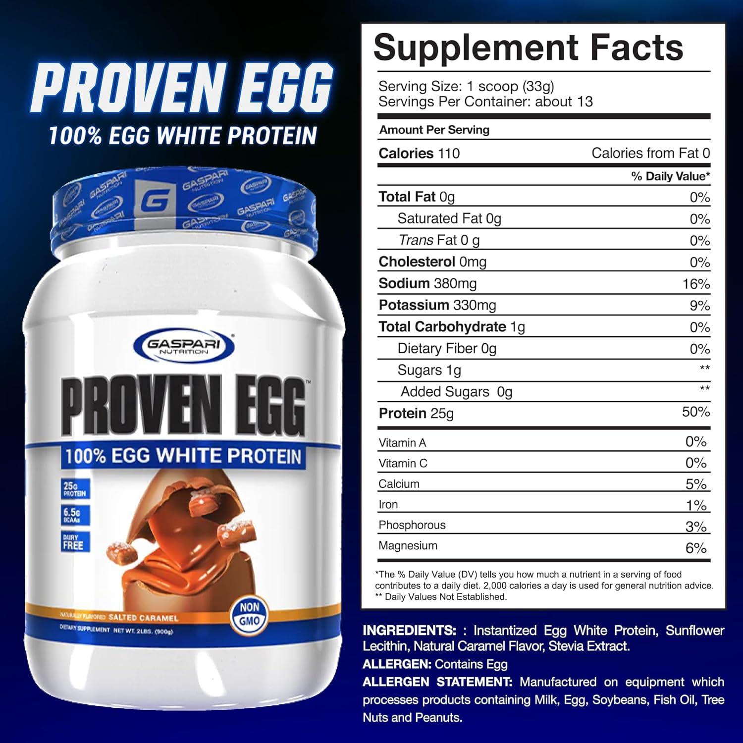 Gaspari Nutrition Gaspari Nutrition Proven Egg, 100% Egg White Protein, 25g Protein, Keto Friendly, Dairy Free, Lactose Free, Soy Free (1lb, Salted Caramel)