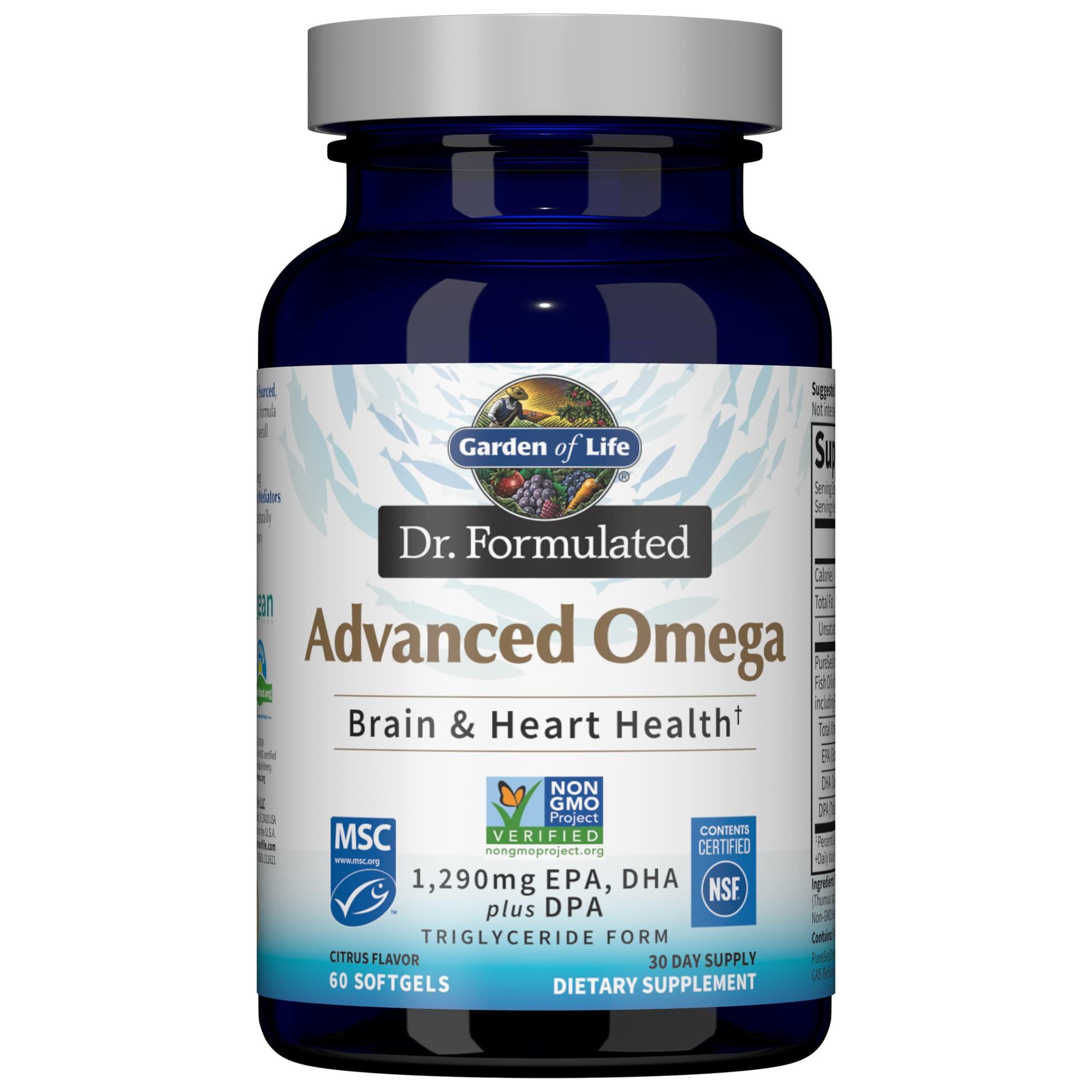 Garden of Life Garden of Life Dr. Formulated Advanced Omega Fish Oil - Lemon, 1,290mg EPA, DHA + DPA in Triglyceride Form, Single Source Omega 3 Supplement for Ultimate Brain & Heart Health, Non-GMO, 60 Softgels