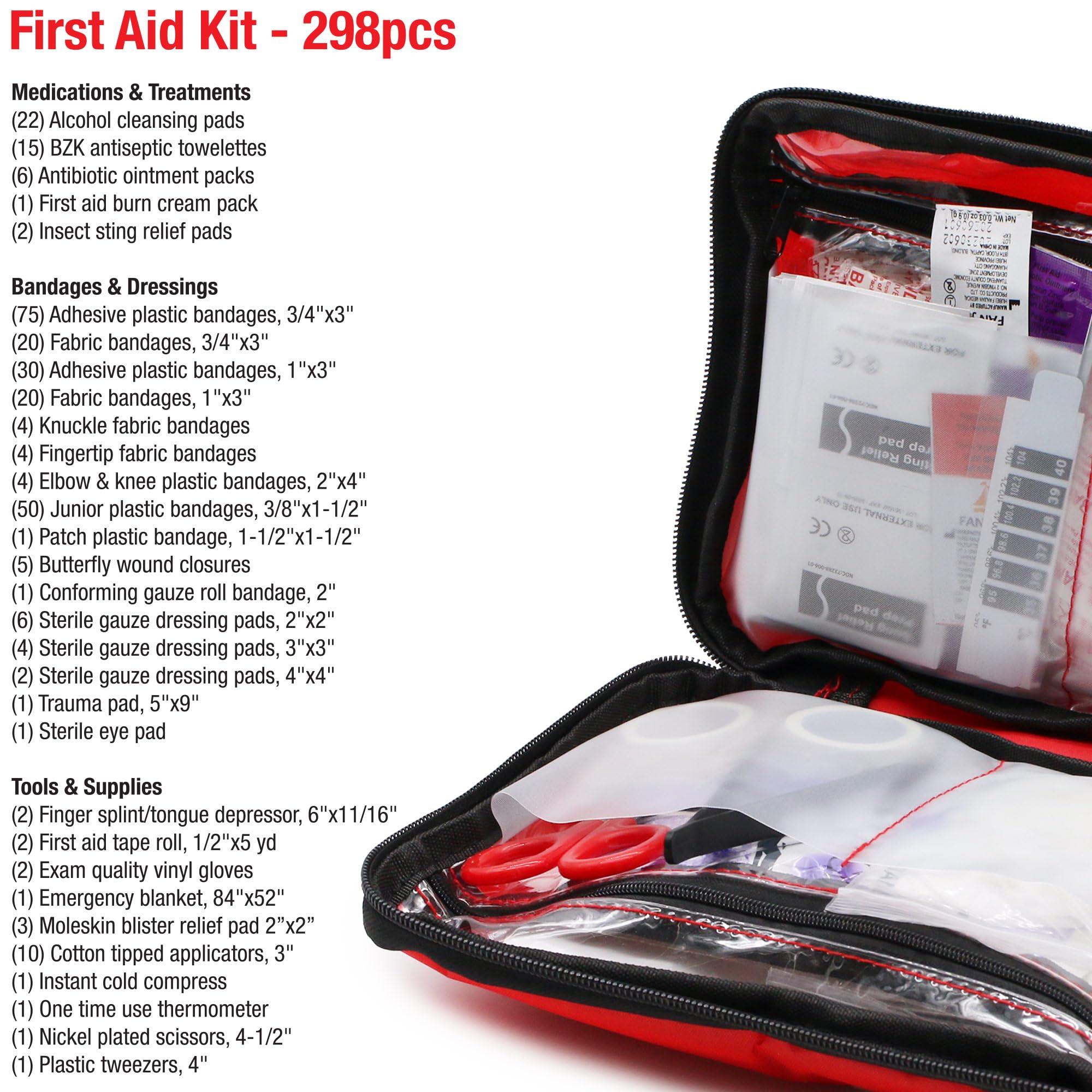 DMI DMI 298-Piece Complete Emergency First Aid Kit, Treats Pain, Swelling, Cuts, Scrapes & Burns, Complete First Aid Guide Included, Clear Pocket Organization, Durable Zippered Travel Bag