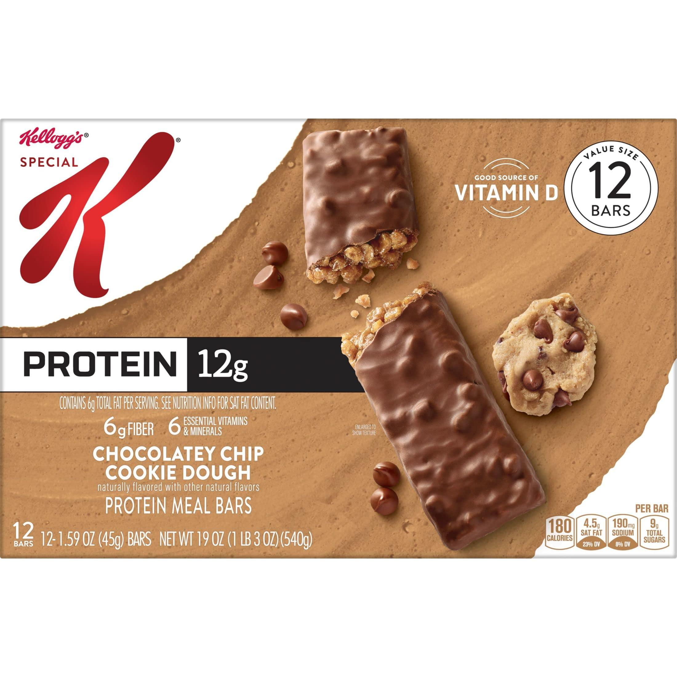 Special K Kellogg's Special K Protein Meal Bars, 12g Protein Snacks, Meal Replacement, Chocolatey Chip Cookie Dough, 19oz Box (12 Bars) (Pack of 2)