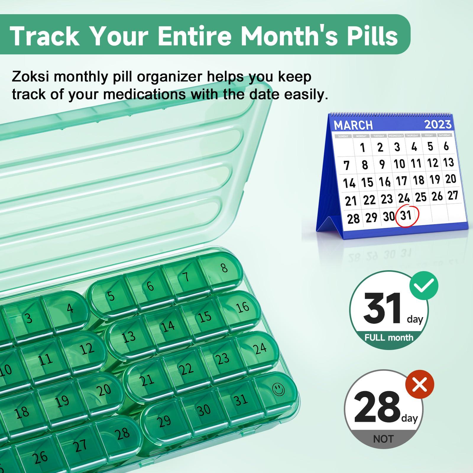 Zoksi Zoksi Monthly Pill Organizer 1 Time a Day, 30 Day Pill Box Organizer Once a Day, One Month Large Pill Case for Travel, 31 Day Daily Medcine Container for Vitamins, Supplement & Medication (Olive)
