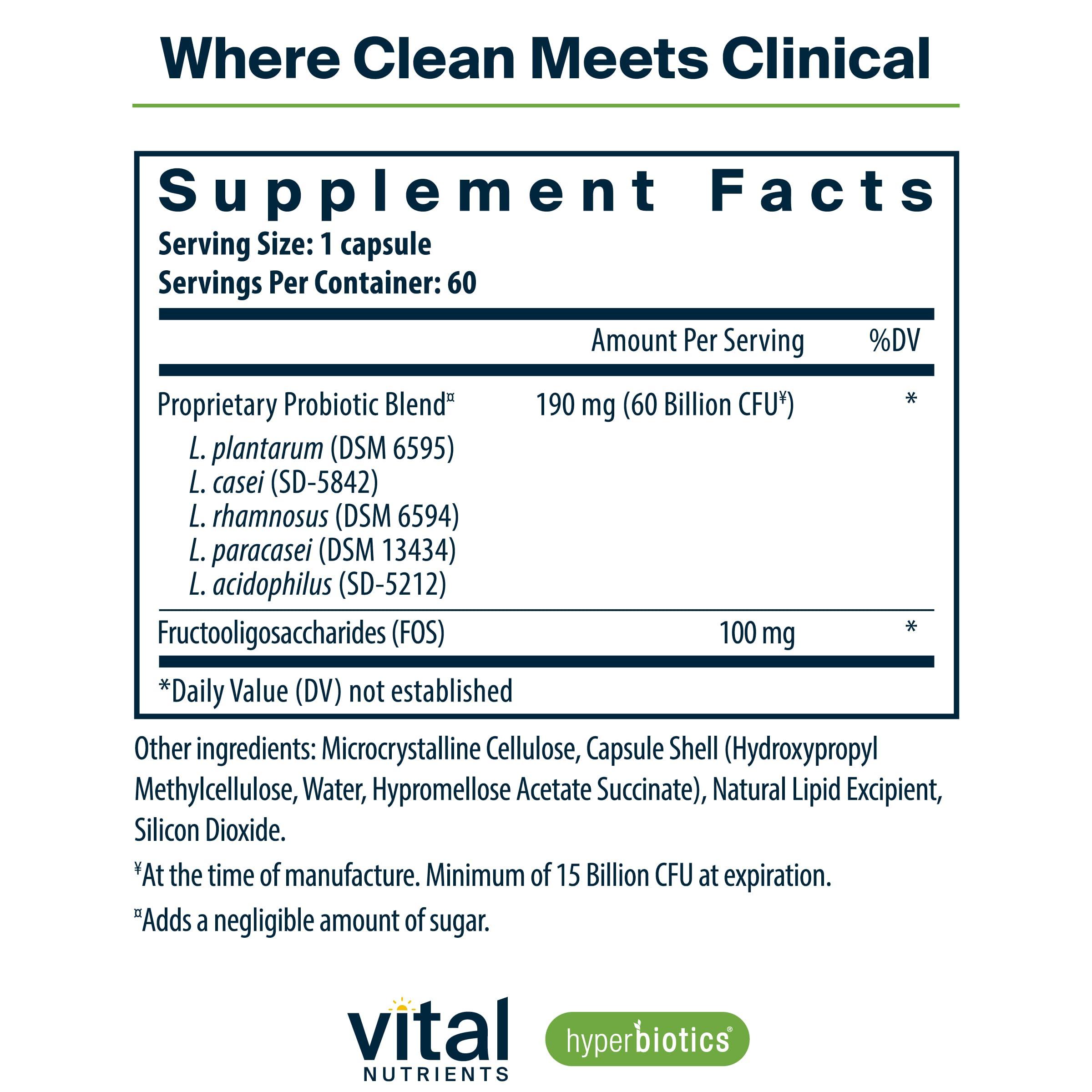 Hyperbiotics Hyperbiotics Vital Nutrients Prebiotic + Probiotic 60 Billion CFU | High-Potency Pre-Pro Immune & Upper Respiratory Probiotic | Reduce Gas & Bloating | Shelf-Stable | Vegan | 60 Capsules