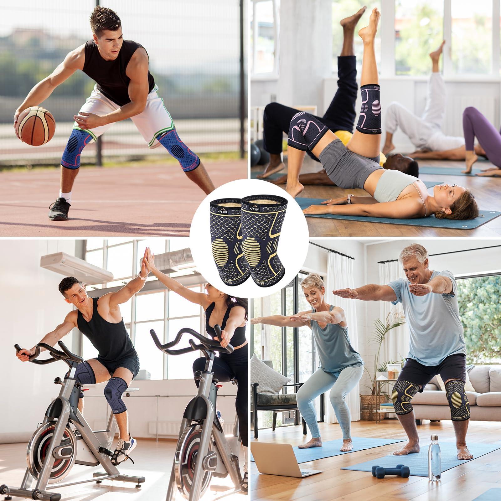 APEXUP APEXUP Copper Knee Brace for Women & Men, 2 Pack Knee Compression Sleeve for Knee Pain, Arthritis Pain Relief, Meniscus Tear, ACL, Knee Support for Running, Fitness, Weightlifting (L, Yellow)