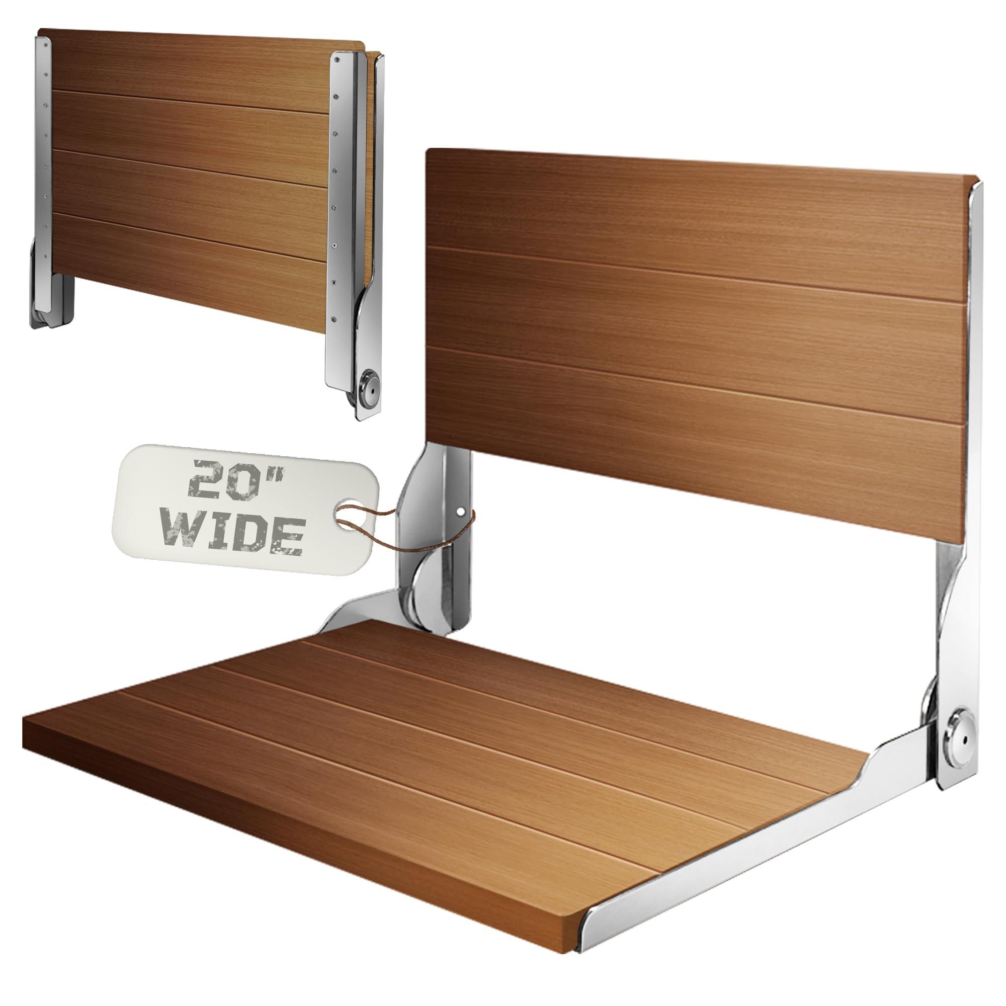 koretech Teak Shower Bench 20'', Folding Shower Chair Wall Mounted, Wood Folding Shower Seat, Teak Shower Bench for Inside Shower, 500 lbs Capacity, Silver