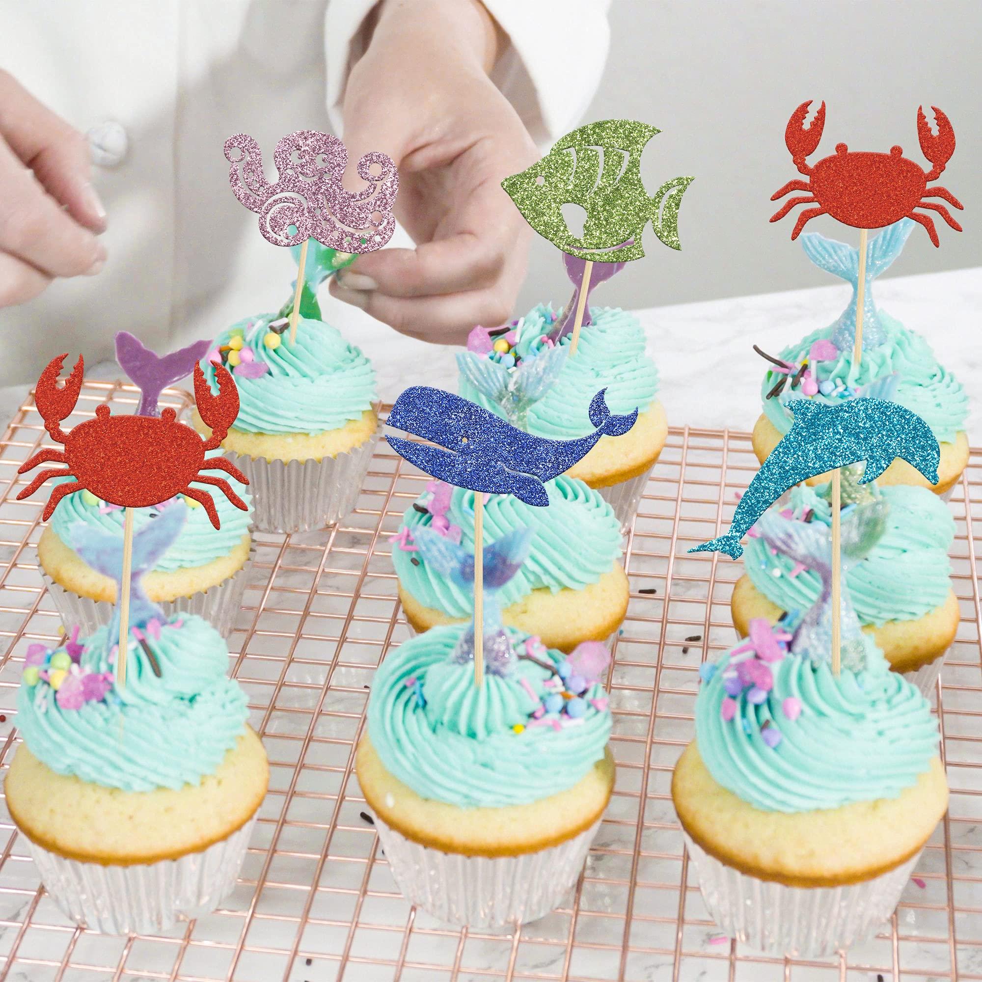 Gyufise Gyufise 30 Pack Ocean Sea Animals Cupcake Toppers Dolphin Crab whale Octopus Fish Cupcake Picks Baby Shower Under the Sea Animals Theme Birthday Party Cake Decorations Supplies