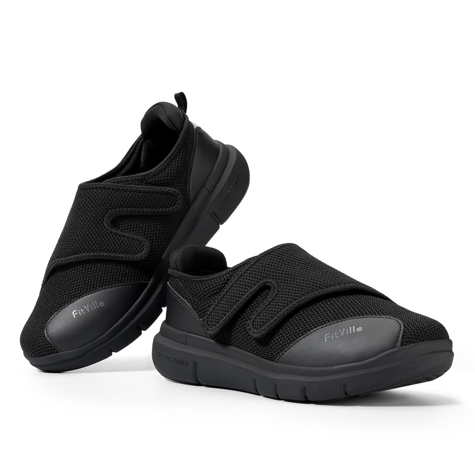 FitVille FitVille Diabetic Shoes for Men Extra Wide Width Orthopedic Slip-on Shoes Adjustable Closure Walking Sneakers with Arch Support Cushioning Therapeutic for Swollen Feet (10.5 Wide, Black)