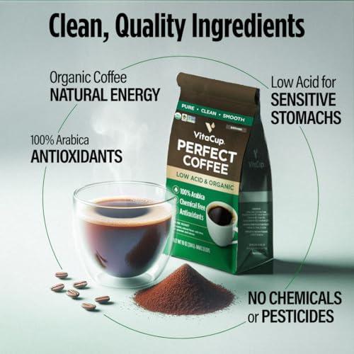 VitaCup VitaCup Perfect Low Acid Coffee Ground, USDA Organic & Fair Trade, Mycotoxin Free, Dark Roast Guatemala Single Origin, Clean & Pure for Drip Coffee Brewers and French Press, 10 ounces