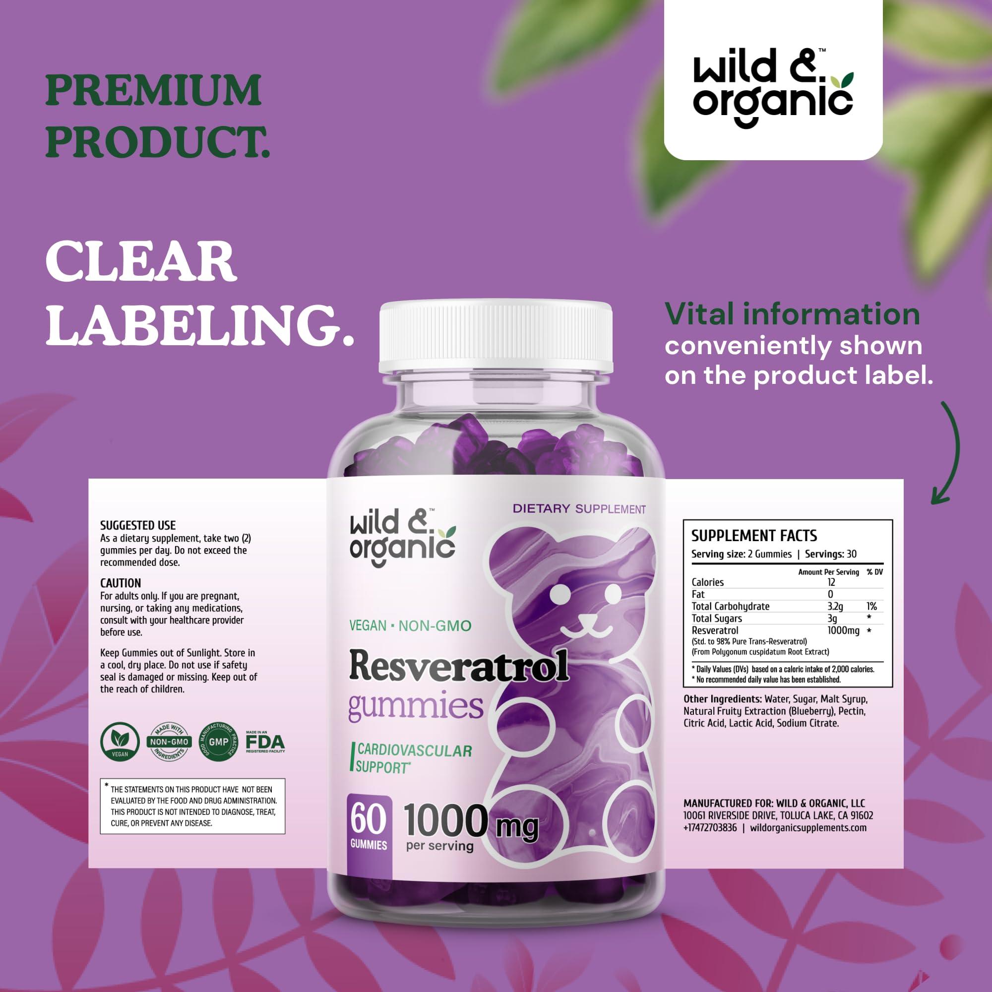 Wild & Organic Wild & Organic Resveratrol Gummies 1000mg - Trans Resveratrol Supplement for Antioxidant, Brain, Immune Support - 60 Vegan, Non-GMO Antioxidant Gummies