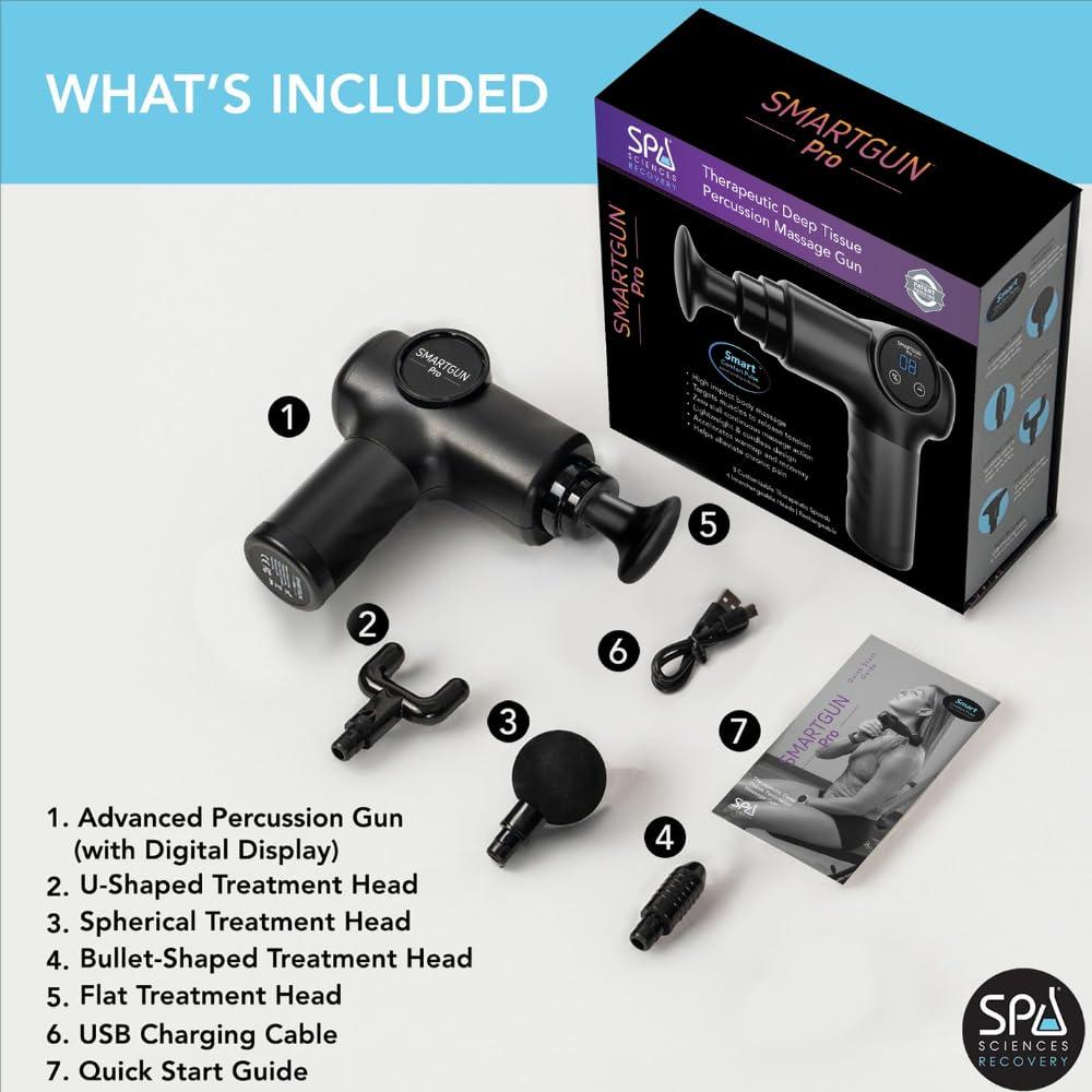 SPA SCIENCES SPA SCIENCES - SmartGun Pro Therapeutic Deep Tissue Percussion Massager for Muscle Soreness with Interchangeable Heads and 8 Intensity Levels USB Rechargeable Black
