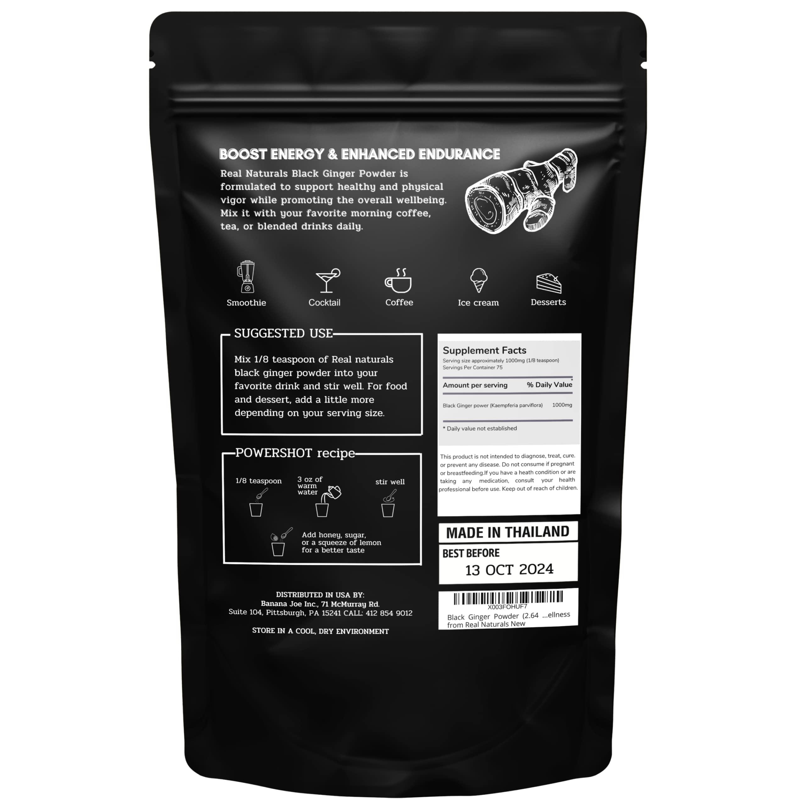 Real Naturals Black Ginger Powder (2.64 Oz) kaempferia parviflora by Real Naturals. Promote Energy & Stamina