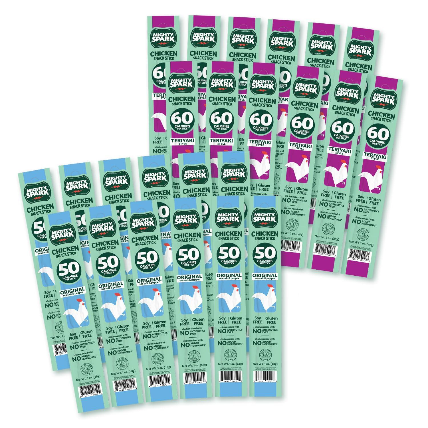 Mighty Spark Mighty Spark Chicken Snack Sticks Variety Pack - Original + Teriyaki - 6g of Protein, Gluten Free, Soy Free Jerky Sticks - High Protein Keto Snacks, Weight Watchers Approved Snacks - 24 ct