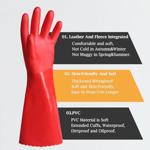 KAQ KAQ 3 Pairs PVC Rubber Gloves with Cotton Lined, Anti-Slip Dishwashing Gloves, Heavy Duty Kitchen Gloves for Washing Dishes, Household Gloves for Working, Painting, Pet Care, Handling Chemicals