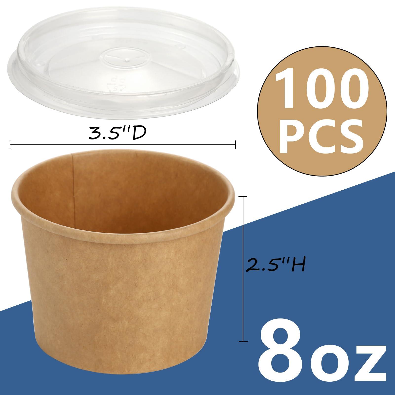 Lyellfe Lyellfe 100 Pack Disposable Paper Bowls with Lids, 8 Oz Heavy Duty Kraft Paper Bowl, To Go Soup Container Dessert Cups for Ice Cream, Yogurt, Cold and Hot