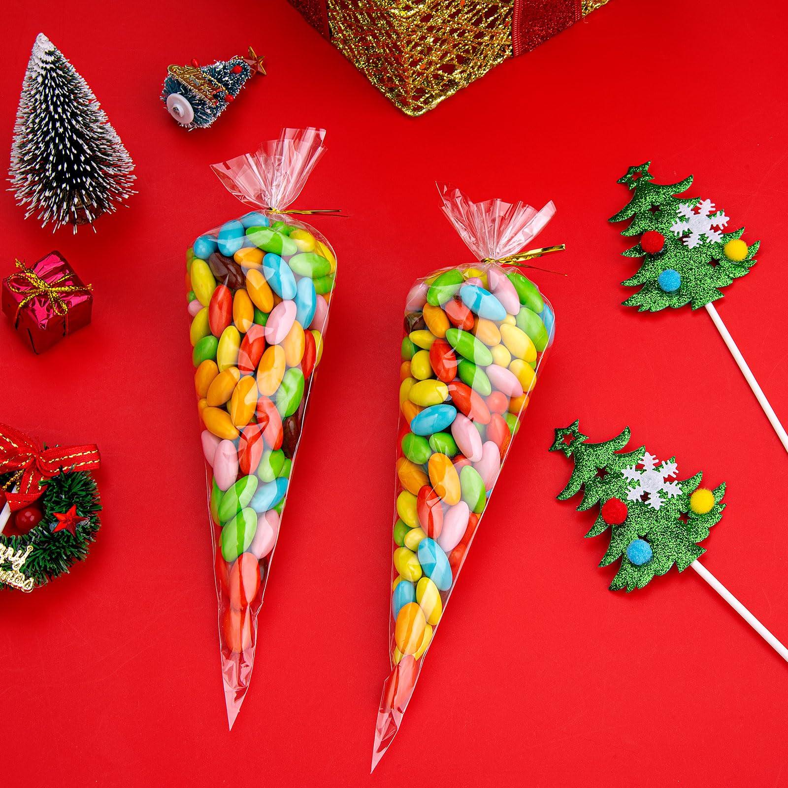 Awpeye Awpeye 200PCS Cone Cellophane Bags 5.12x9.84 Inches Plastic Cone Bags Clear Cone Shaped Treat Bags with 200PCS Gold Twist Ties