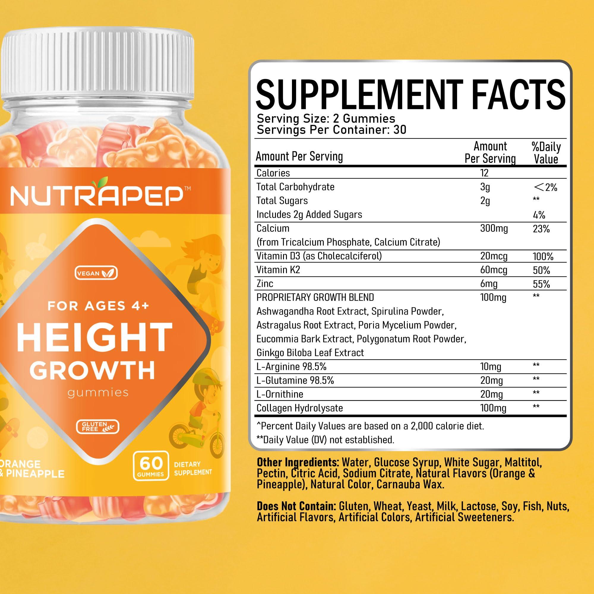 NutraPep Teens Height Growth Supplement Gummies - Kids Grow Taller Natural Height Increaser Multivitamin - with Calcium Vitamin D3 K2 Zinc L-Arginine L-Glutamine L-Ornithine for Boys Girls