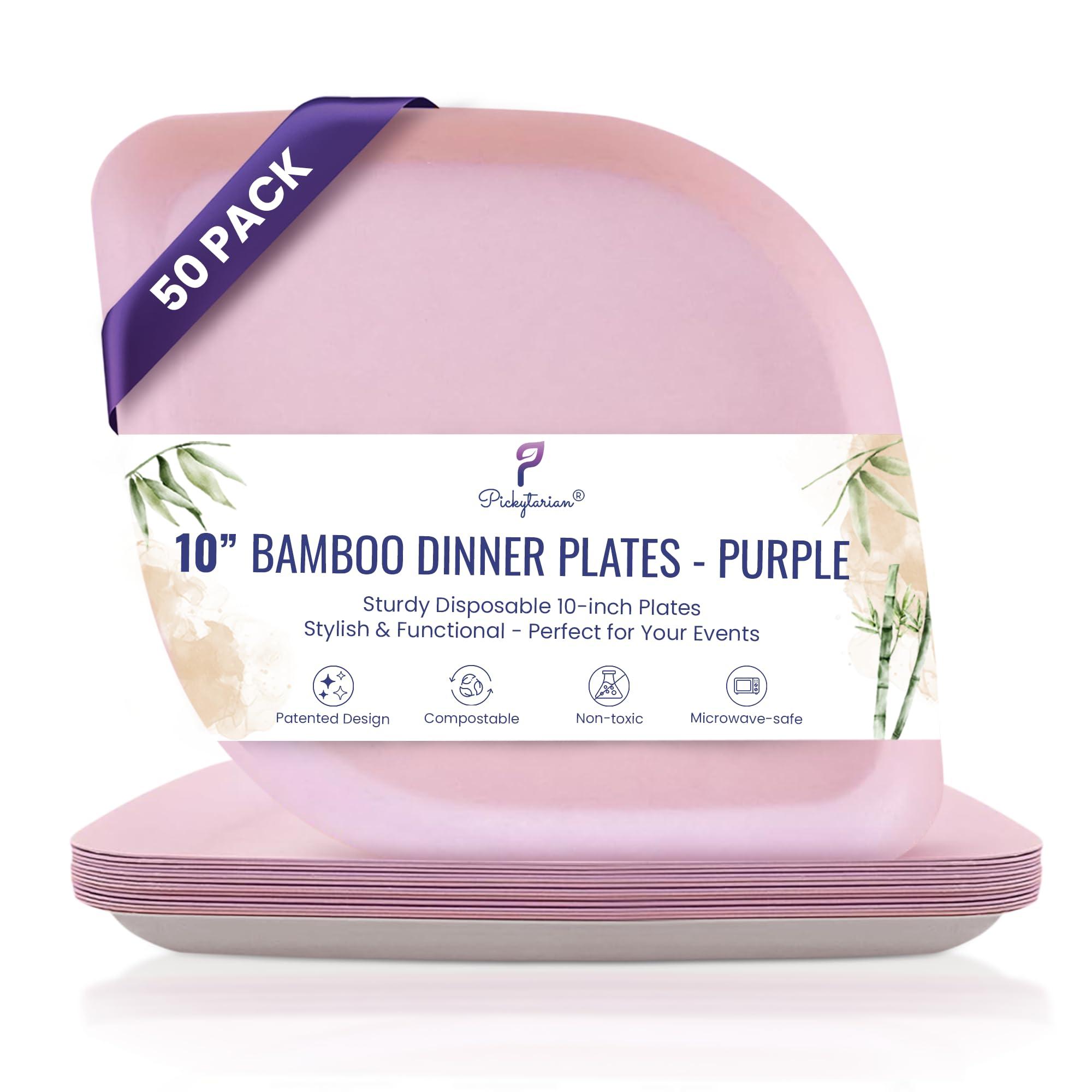 Pickytarian Pickytarian Fancy Purple Disposable Dinner Plates 10 inch 50pc - Premium Bamboo Large Plates for Wedding Party Events Birthday Holiday Meal Main Course - Compostable Better than Paper Plastic- Sturdy