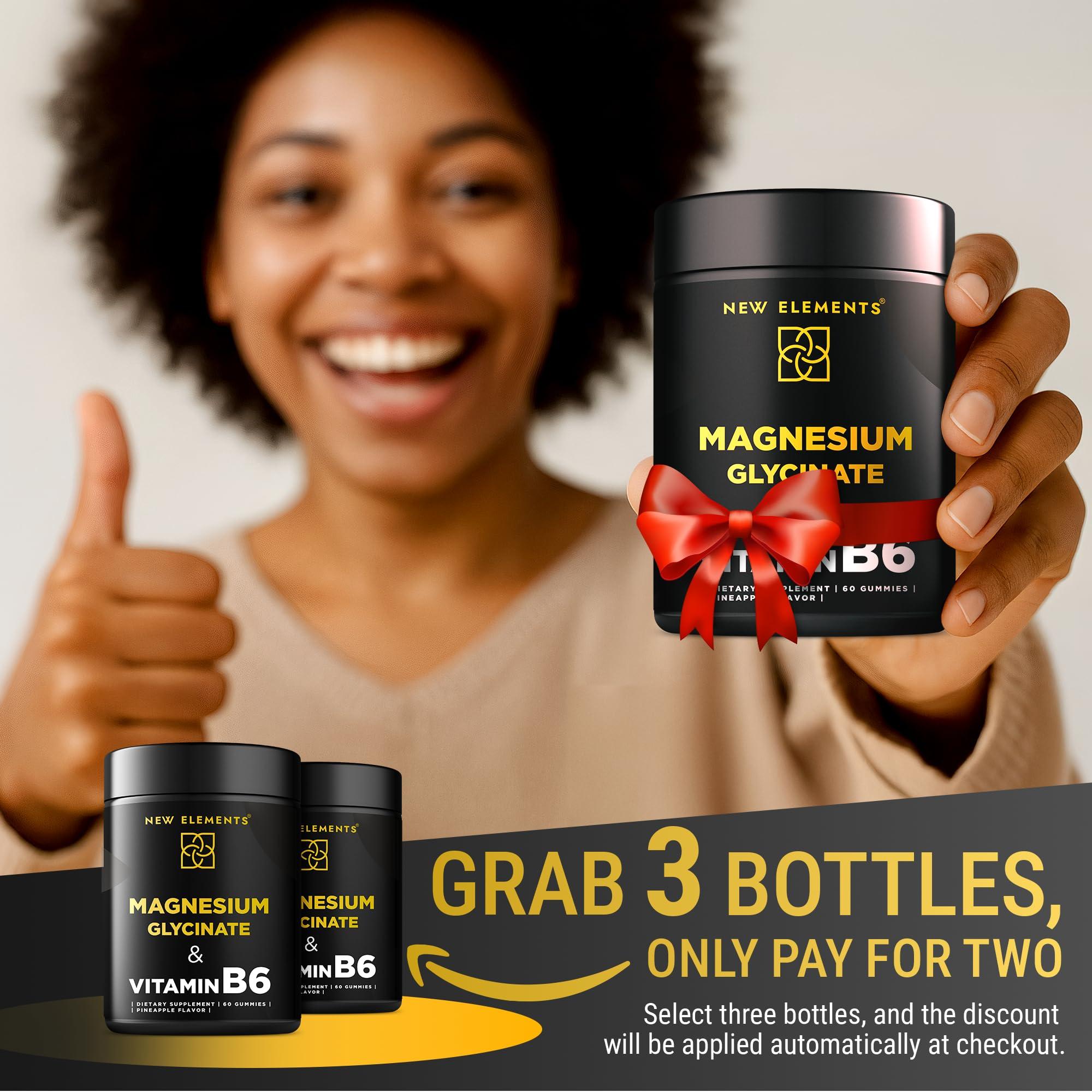 New Elements Magnesium Glycinate Gummies 500mg with Vitamin B6 100mg for Adults and Kids - High Absorption | Non-GMO | No Gluten | Stress Relief | Sleep & Relaxation | Muscle & Heart Support | Natural & Vegan