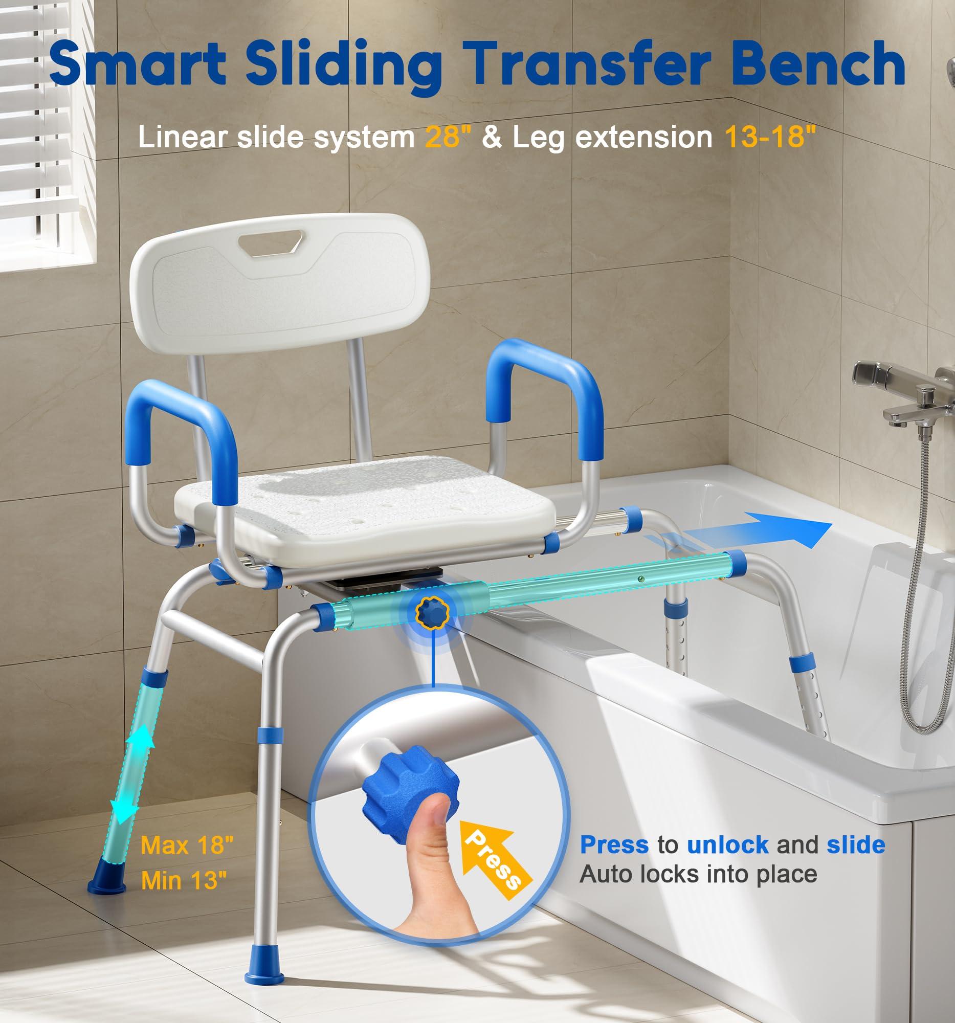 Bluelog Bluelog FSA/HSA Eligible Sliding Shower Chair with Extra-Wide 360 Swivel Seat, 330lbs Tub Transfer Bench, Non-Slip & Padded Arms, Adjustable Height for Elderly & Disabled Inside Shower, Rectangular