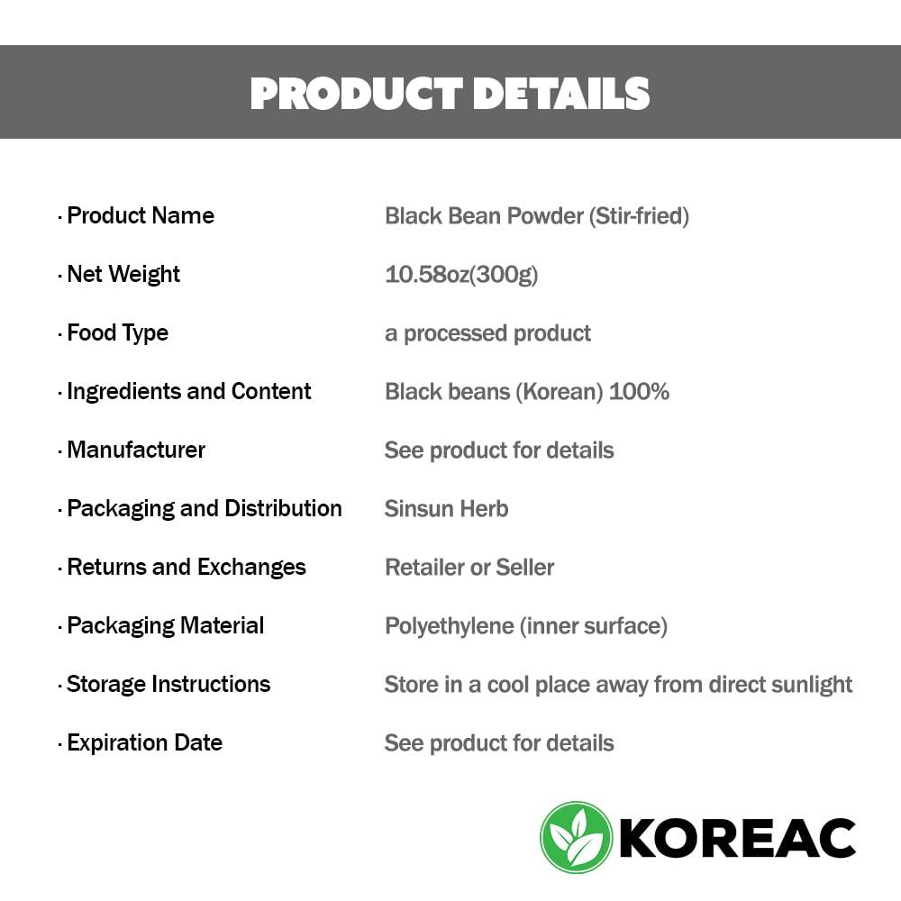 KOREAC KOREAC_ Korean Roasted Black Soy Bean Powder 300g(10.6 oz), 100% Natural, Nourishing Black Food, Rich & Savory, (300g(10.6 oz)_1Pack)