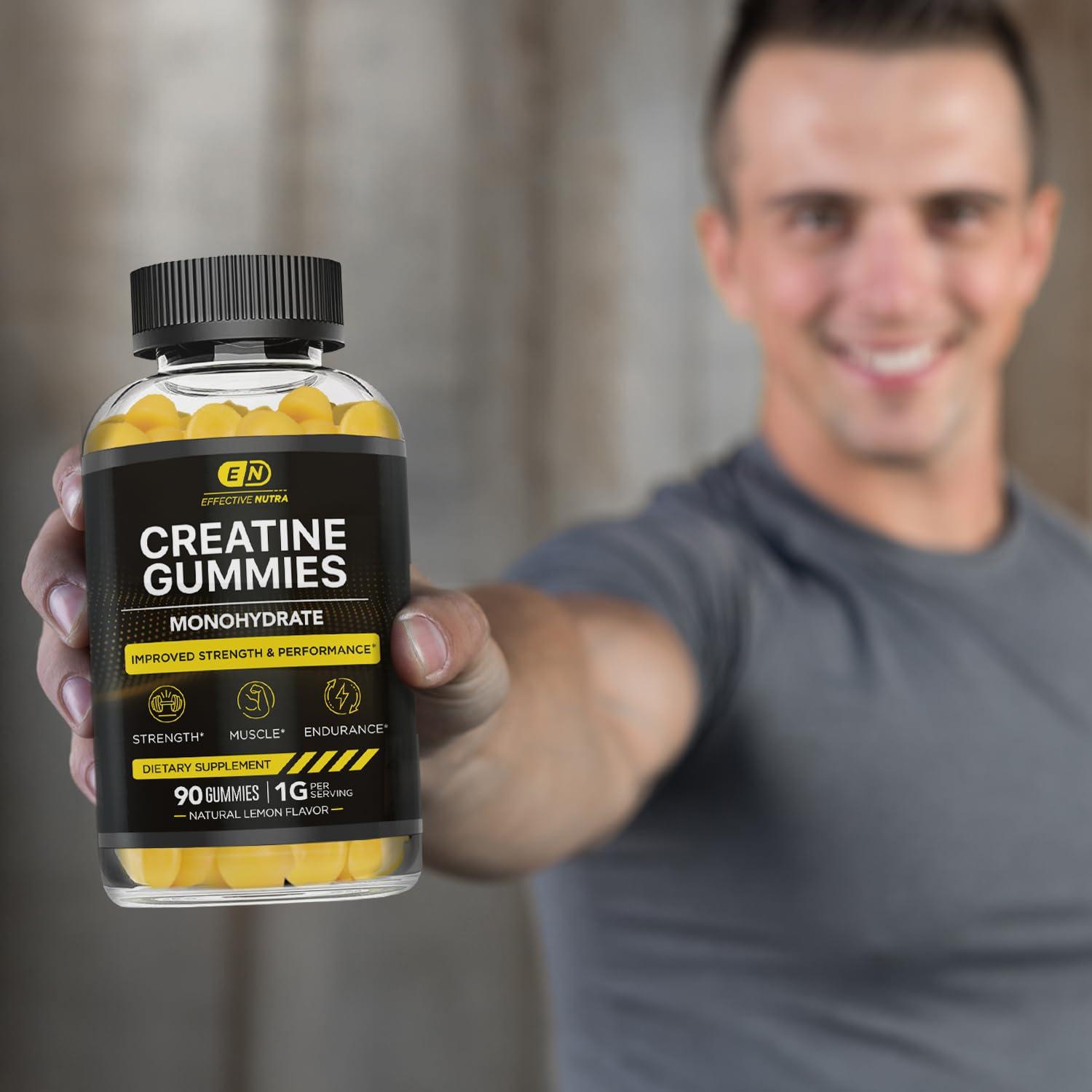 EFFECTIVE NUTRA EFFECTIVE NUTRA Creatine Monohydrate Gummies | 1g Per Gummy | Vegan Creatine Gummies Supplement for Men & Women | Strength, Muscle Growth, Energy, Endurance | Natural Lemon Flavor, Made in USA (90ct)