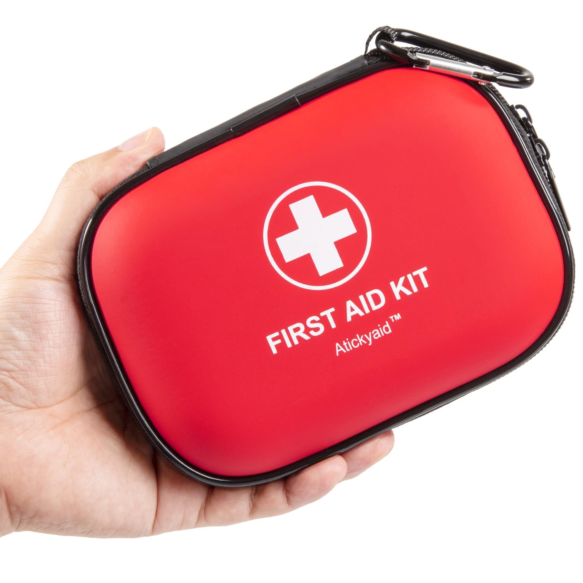 Atickyaid Mini First Aid Kit - 120 Piece Small Waterproof Hard Shell Medical Kit for Car, Home, Office, Travel, Camping, Sports, Outdoor, School - Emergency First Aid Supplies and Survival Kit