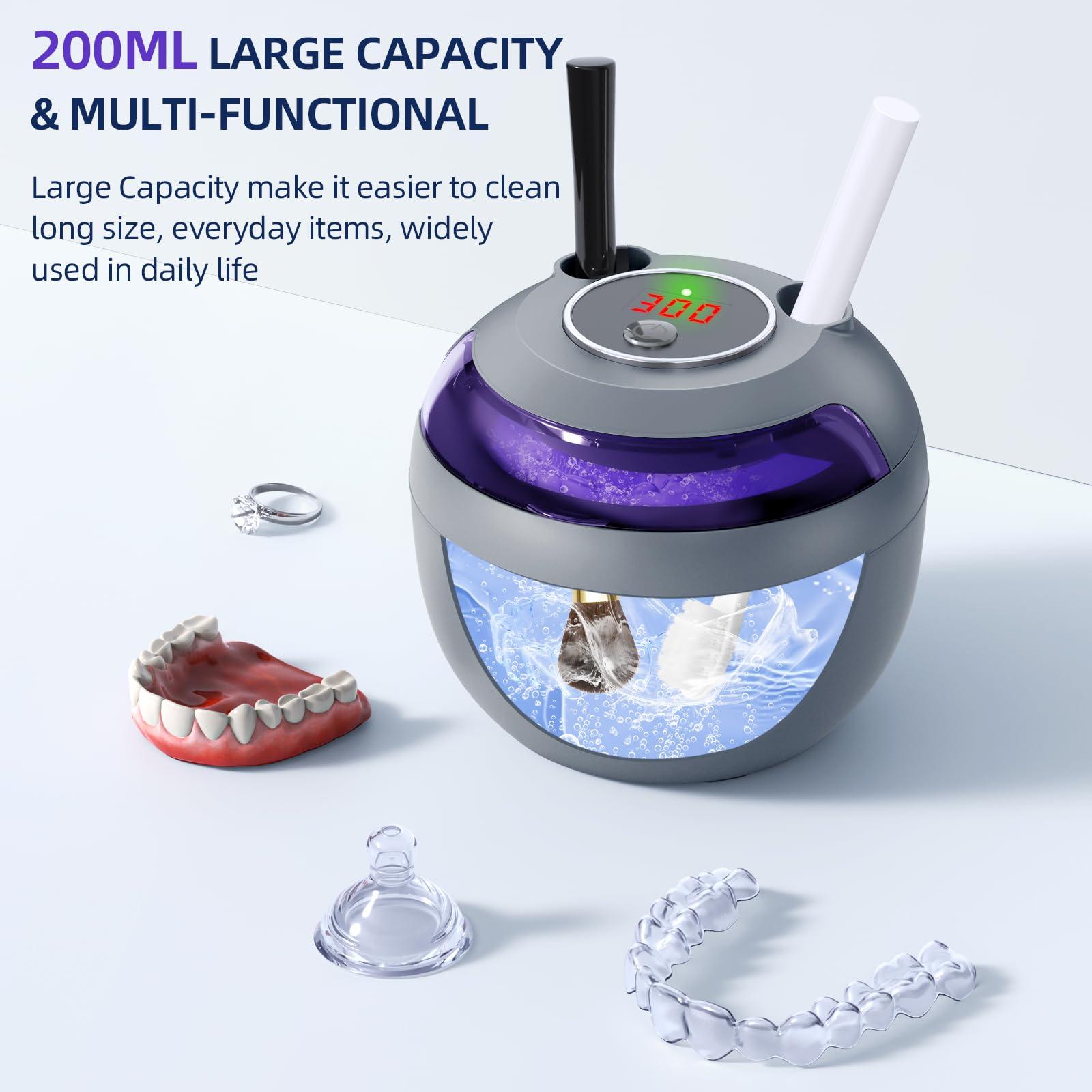 EcoBasic Ultrasonic Retainer Cleaner, Retainer Cleaner Machine for Dentures, Mouth Guards, Braces, Toothbrush Heads, Jewelry with 200ML Capacity, 45kHz Retainer Cleaning, 4 Modes for Appliances (Grey)