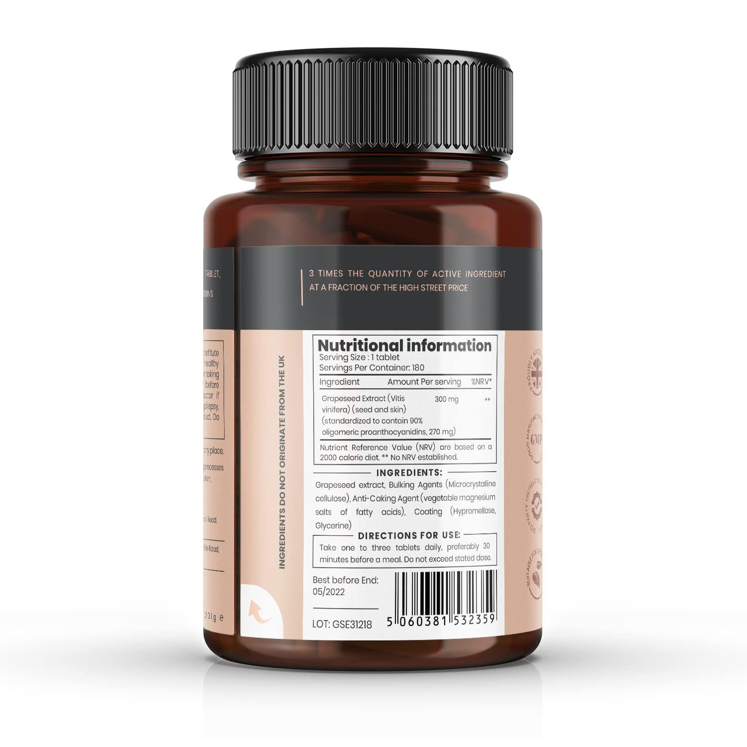 pureclinica pureclinica Grape Seed Extract 300mg x 180 Tablets - 90% Oligomeric Proanthocyanidins. 300% Stronger Than Regular Grape Seed.
