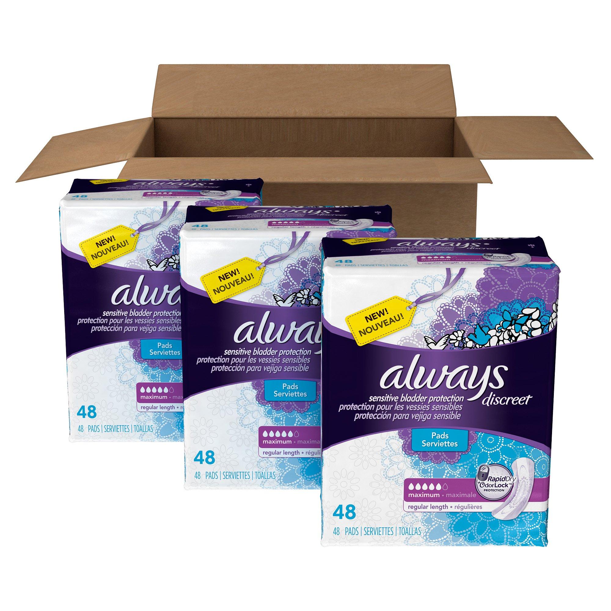 Always Discreet Always Discreet Incontinence Pads for Women, Maximum Absorbency, Regular Length, 144 count (Packaging May Vary)