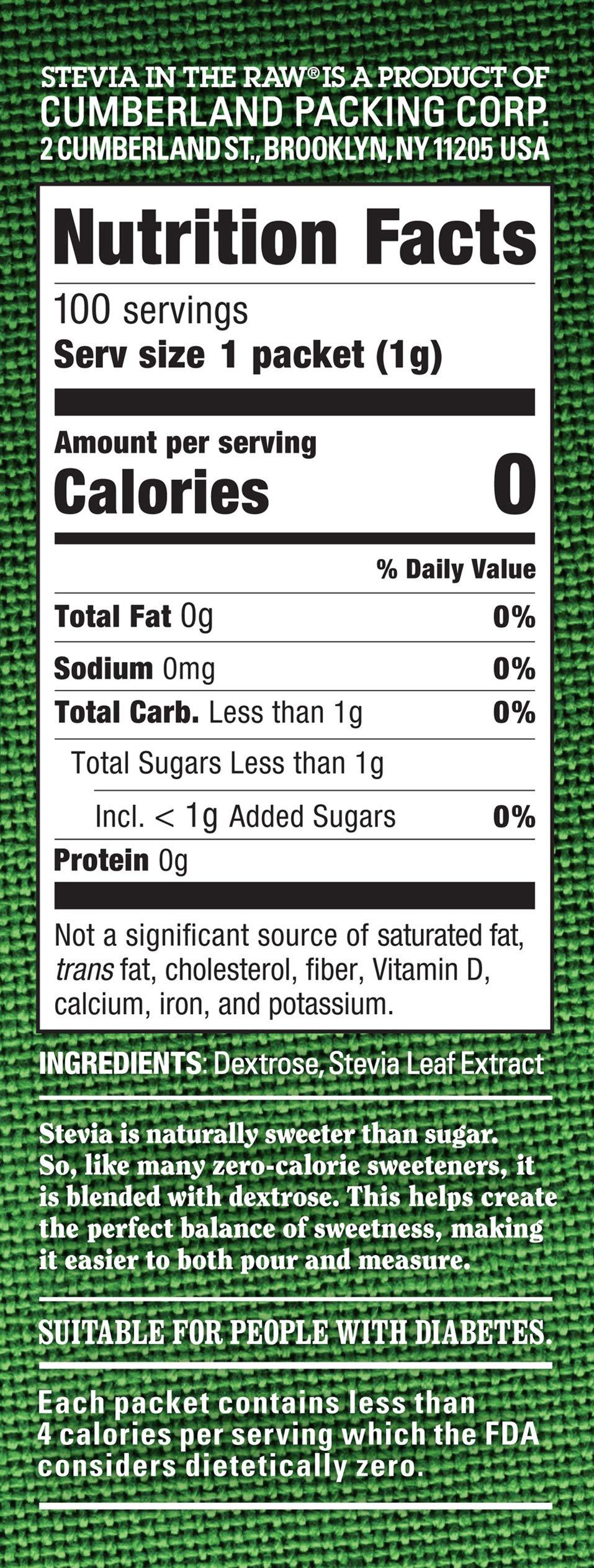 In The Raw Stevia In The Raw, Plant Based Zero Calorie, No Erythritol, Sugar Substitute, Sugar-Free Sweetener for Coffee, Hot & Cold Drinks, Suitable For Diabetics, Vegan, Gluten-Free, 100Count Packets (1 Pack)