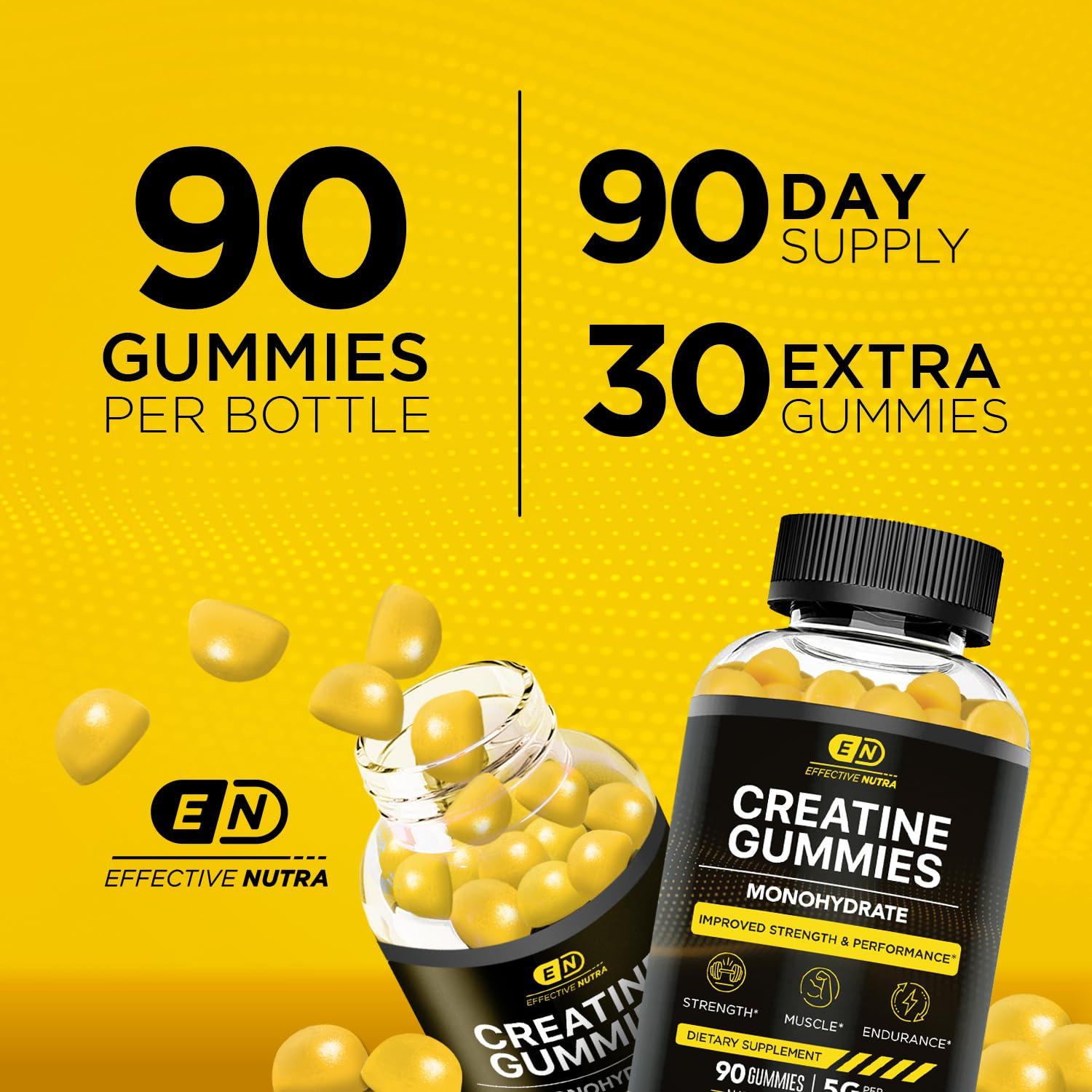 EFFECTIVE NUTRA EFFECTIVE NUTRA Creatine Monohydrate Gummies | 1g Per Gummy | Vegan Creatine Gummies Supplement for Men & Women | Strength, Muscle Growth, Energy, Endurance | Natural Lemon Flavor, Made in USA (90ct)