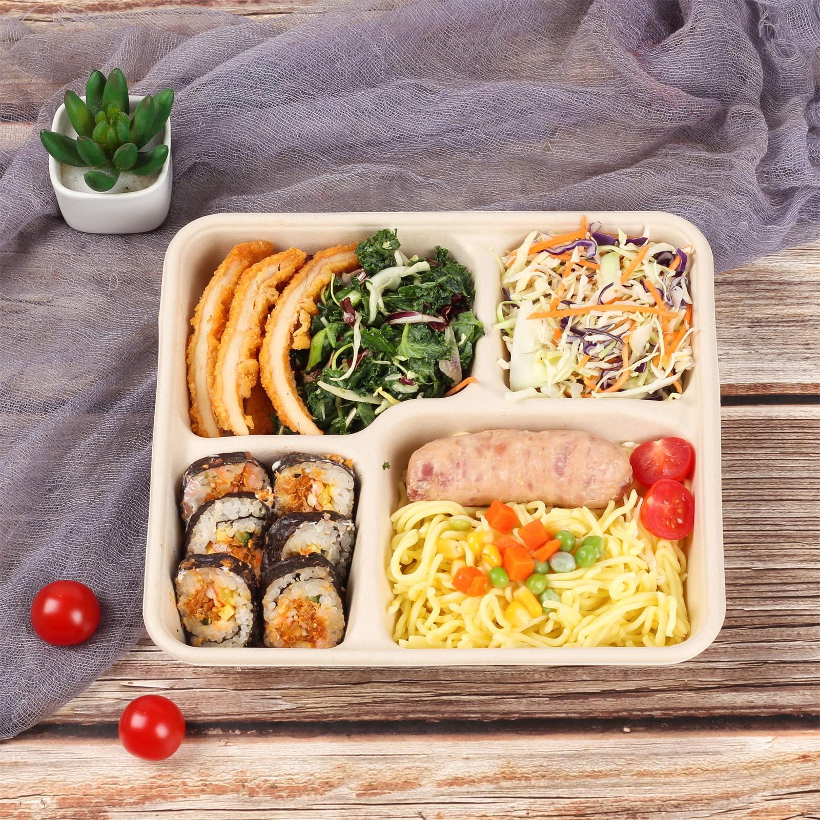 JAYEEY JAYEEY 37 OZ Sugarcane Fiber 4 Compartments disposable plates with Lids Bagasse Plant Fibers Freezer Safe 25 PACK