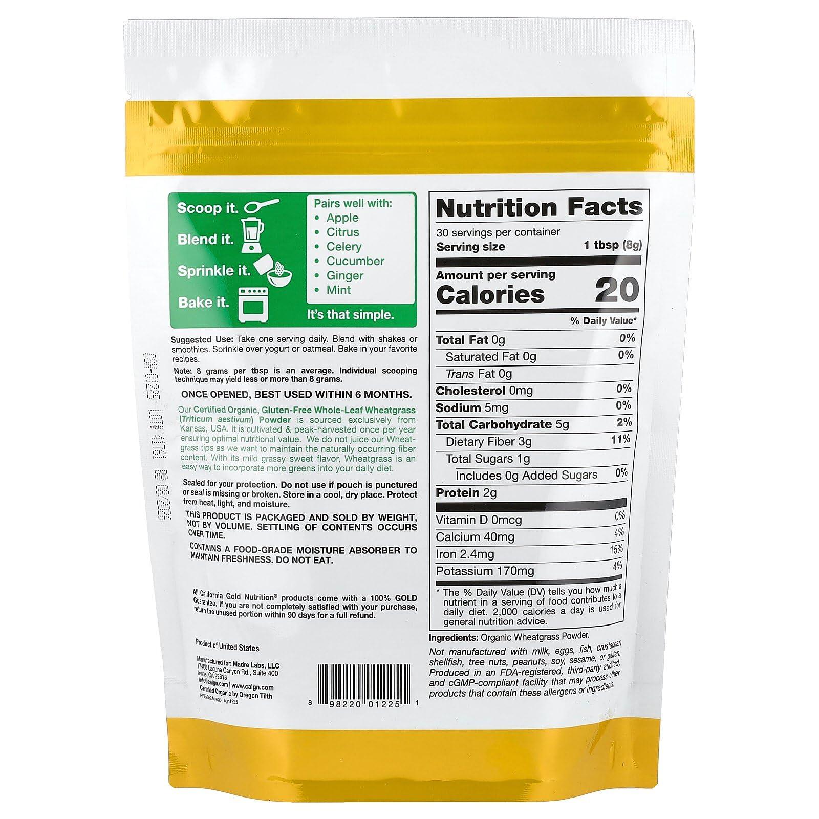 California Gold Nutrition Organic Wheat Grass Powder, Sourced from USA, USDA Certified Organic, 8.5 oz (240 g)