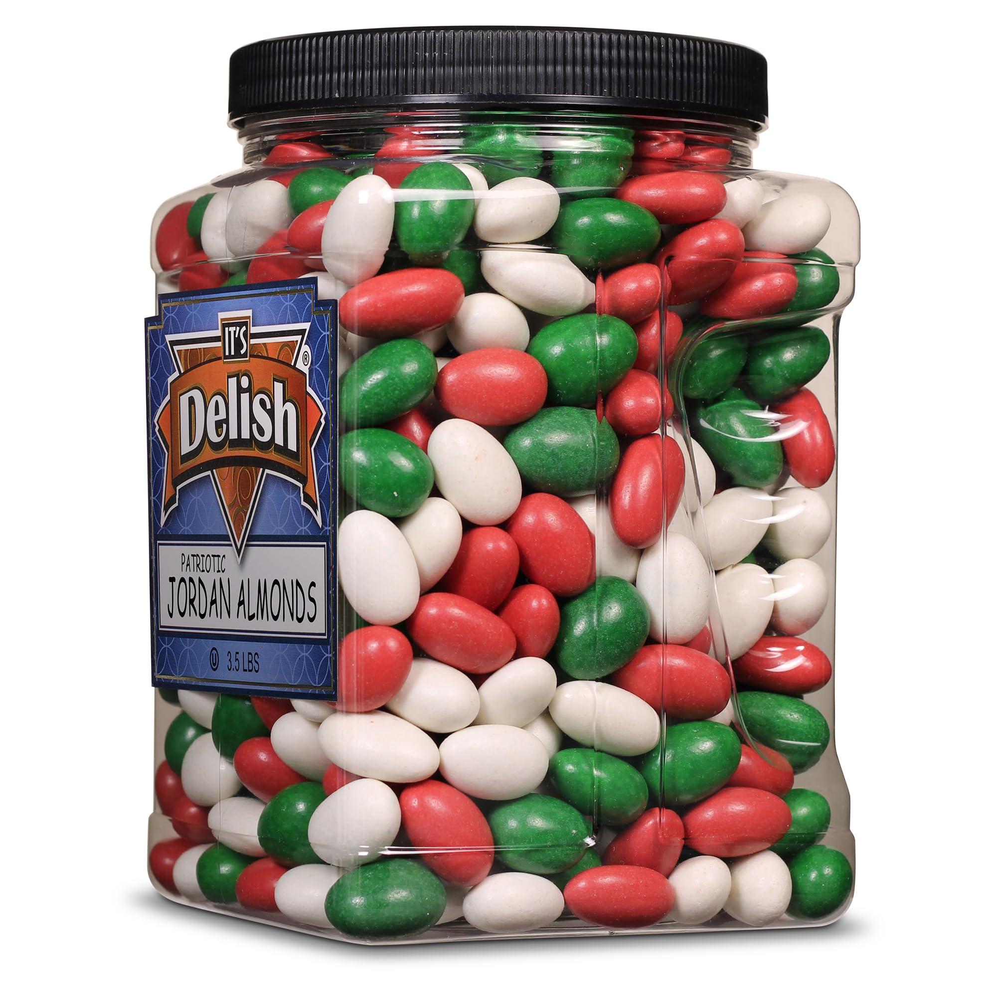 It's Delish Christmas White, Red & Green Jordan Almonds by Its Delish, 3.5 lbs. Jumbo Reusable Container | Candied Almonds with Sweet Hard Candy Coating - Perfect for Christmas Themed Parties - USA Made & Vegan
