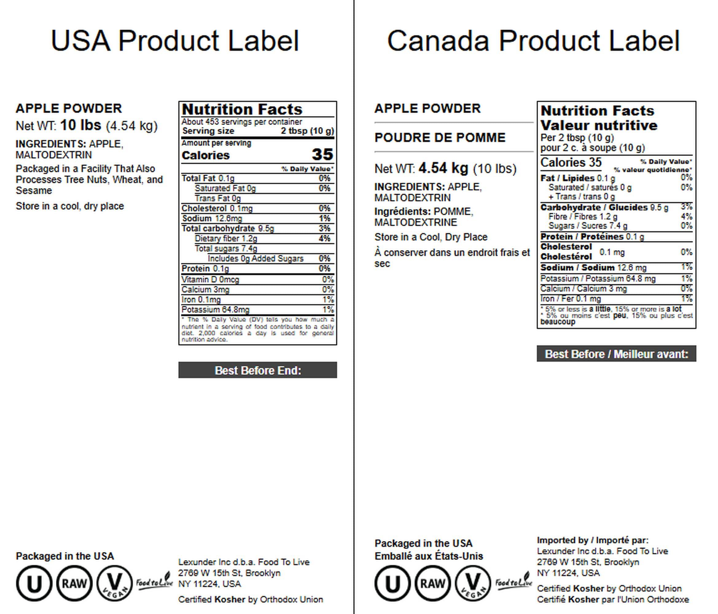 Food to Live Food to Live Apple Powder, 10 Pounds - Unsulfured, Made from Raw Dried Fruit, Vegan, Bulk, Great for Juices, Smoothies, Yogurts, and Instant Breakfast Drinks, Contains Maltodextrin, No Sulphites