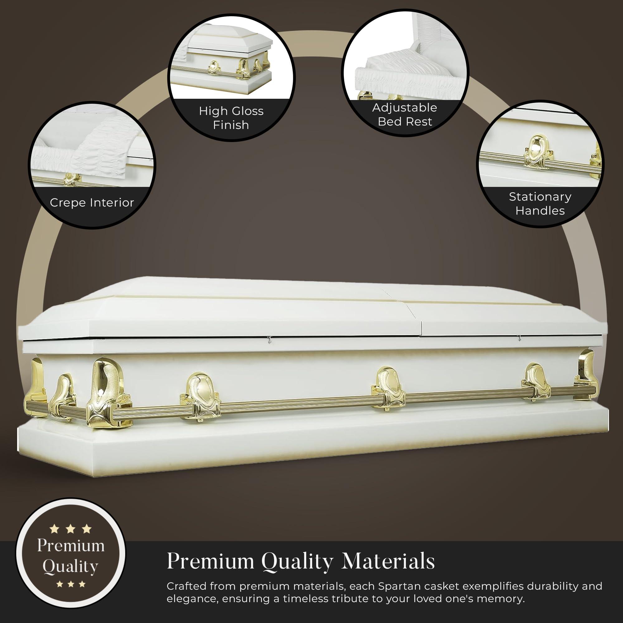 Overnight Caskets Overnight Caskets Spartan Collection Funeral Casket White with White Interior - 20 Gauge Steel - Fully Appointed Adult Casket - Coffin Featuring a Crepe Interior Lining with Pillow and Throw Set