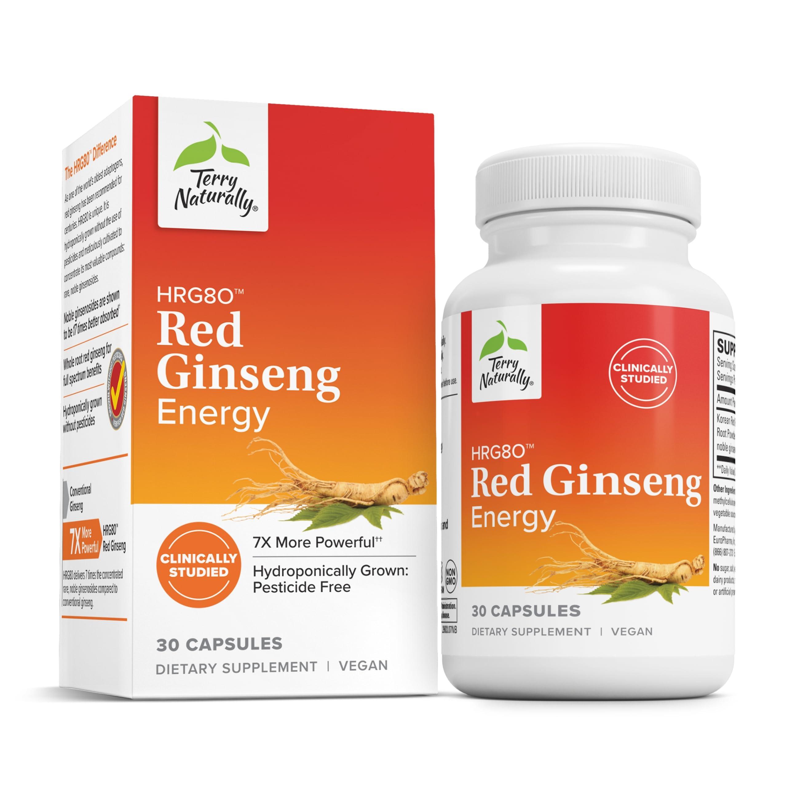 Terry Naturally Terry Naturally HRG80 Red Ginseng Energy - 30 Capsules - Red Ginseng Root Powder, Panax Ginseng, HRG80 - Non-GMO, Vegan, Gluten Free 30 Servings