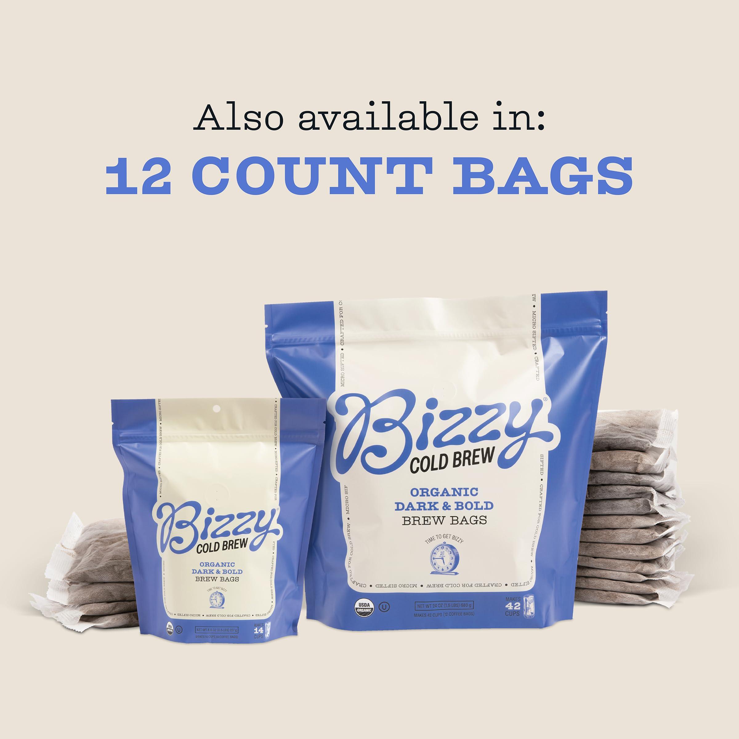 Bizzy Bizzy Organic Cold Brew Coffee | Dark & Bold Blend | Coarse Ground Coffee | Dark Roast | Micro Sifted | Specialty Grade | 100% Arabica | Brew Bags | 4 Count | Makes 14 Cups