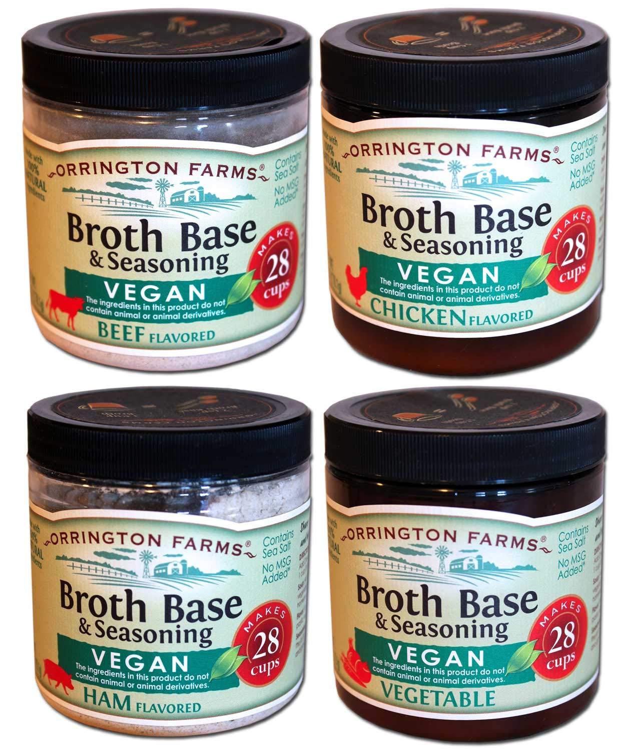 ORRINGTON FARMS Orrington Farms - Vegan Broth Seasoning Combo - Vegan Chicken, Vegan Beef, Vegan Ham, Vegan Vegetable, 6 oz. jars (4 Pack)