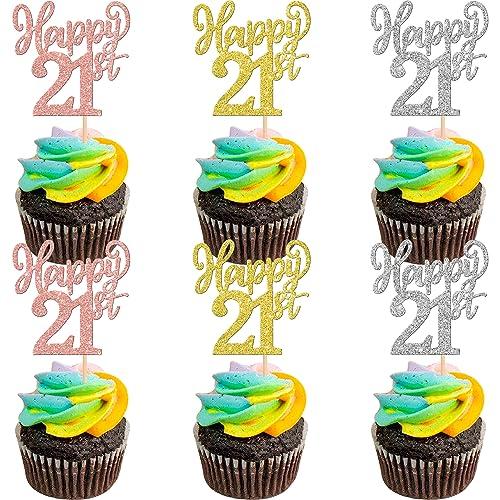 ZHUOWEISM 24PCS Happy 21st Cupcake Toppers Gold Rose Gold Silver Glitter Twenty One Cheers to 21 Years Number 21 Birthday Cupcake Picks for Happy 21st Birthday Wedding Anniversary Party Cake Decorations