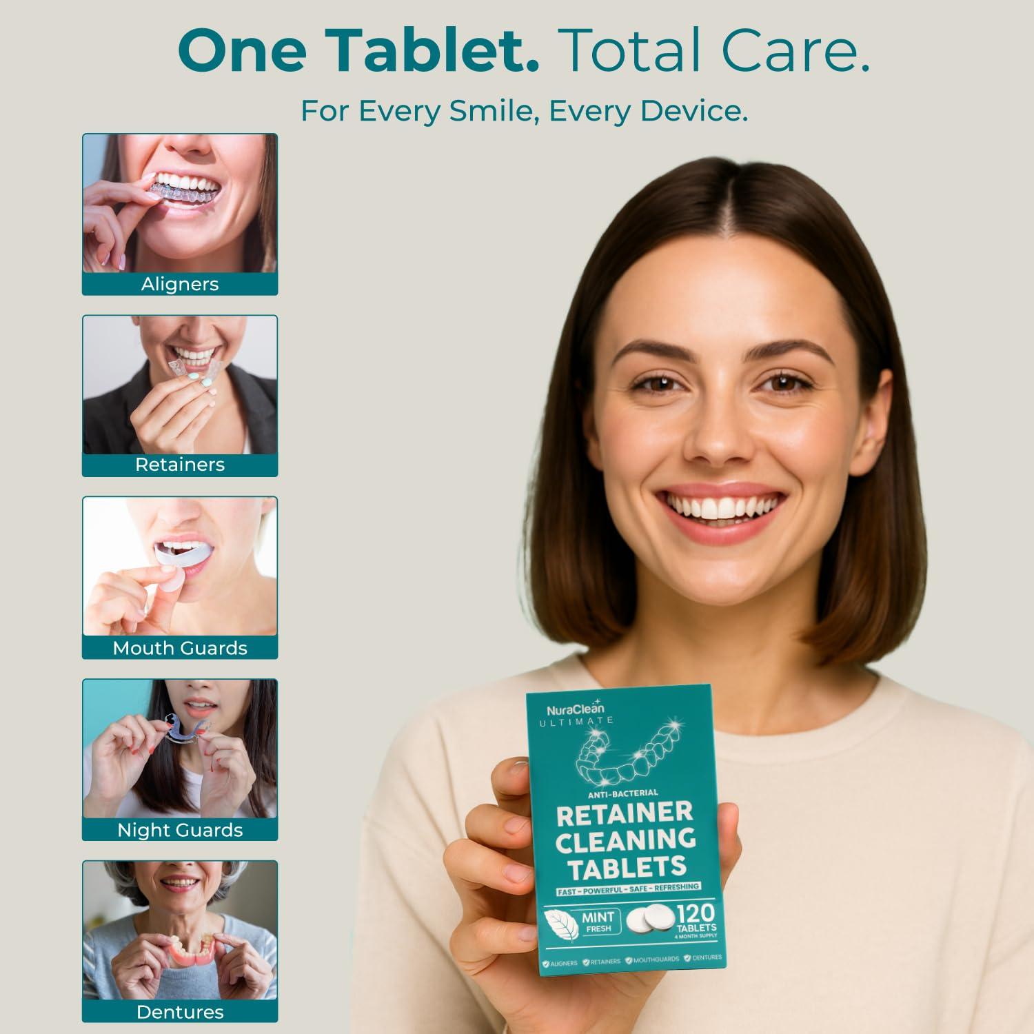 NuraClean NuraClean Ultimate Retainer Cleaner Tablets-Dental Pod, Braces Cleaner, Mouthguard Cleaning & Denture Cleaning Tablets- 120 Tablets
