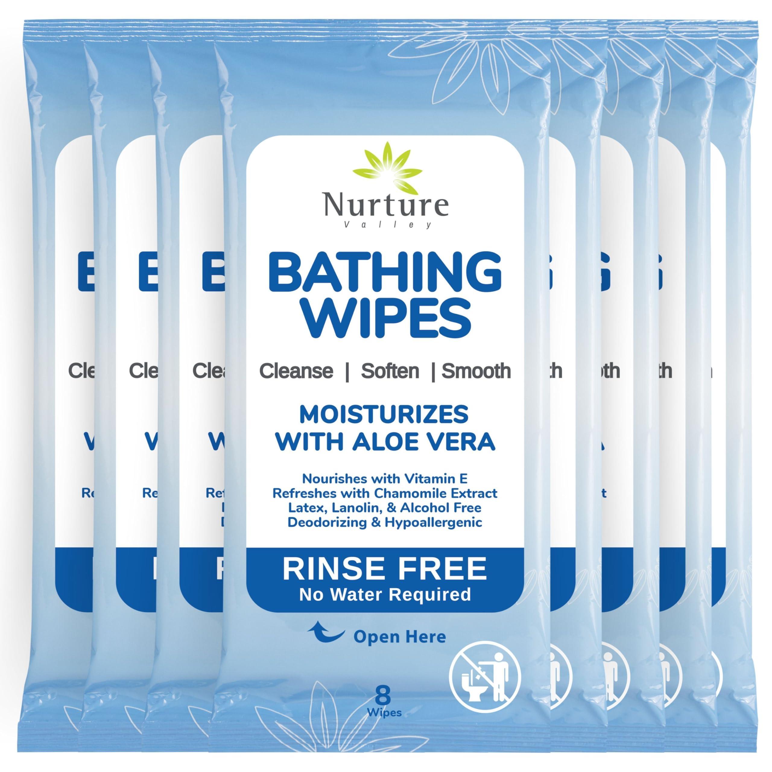 Nurture Valley Nurture Rinse Free Bathing Wipes for Adults w/Aloe | Waterless Cleansing for sensitive skin | Disposable Adult Body Bath Wet Wipe for Disabled Bedridden | 64 wipes