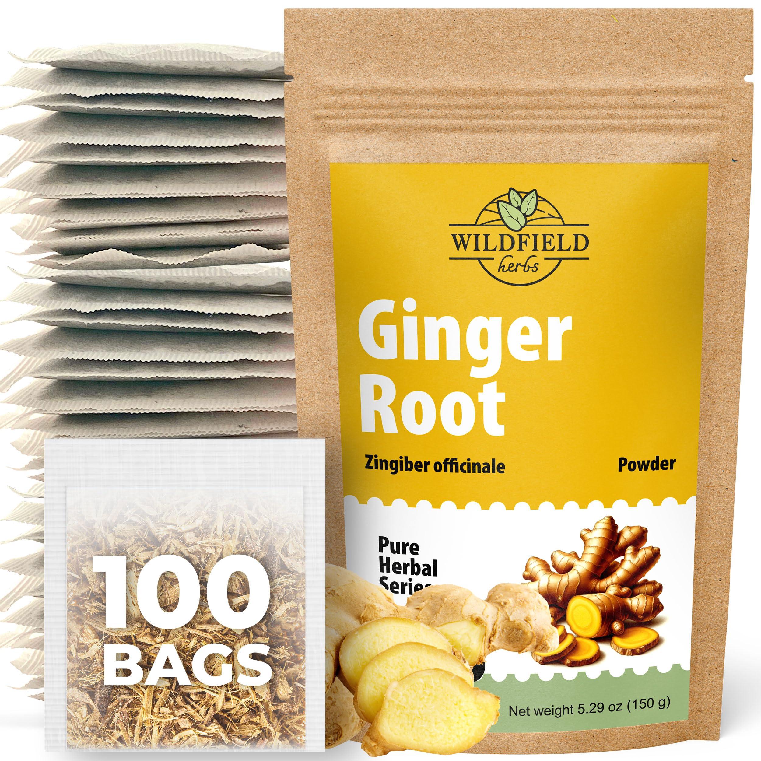 WILDFIELD HERBS 100 Ginger Tea Bags Ginger Root Tea Dry Dried Herb (Zingiber officinale) - 100 Count 1.5g Tea Bags Ginger Raz de jengibre