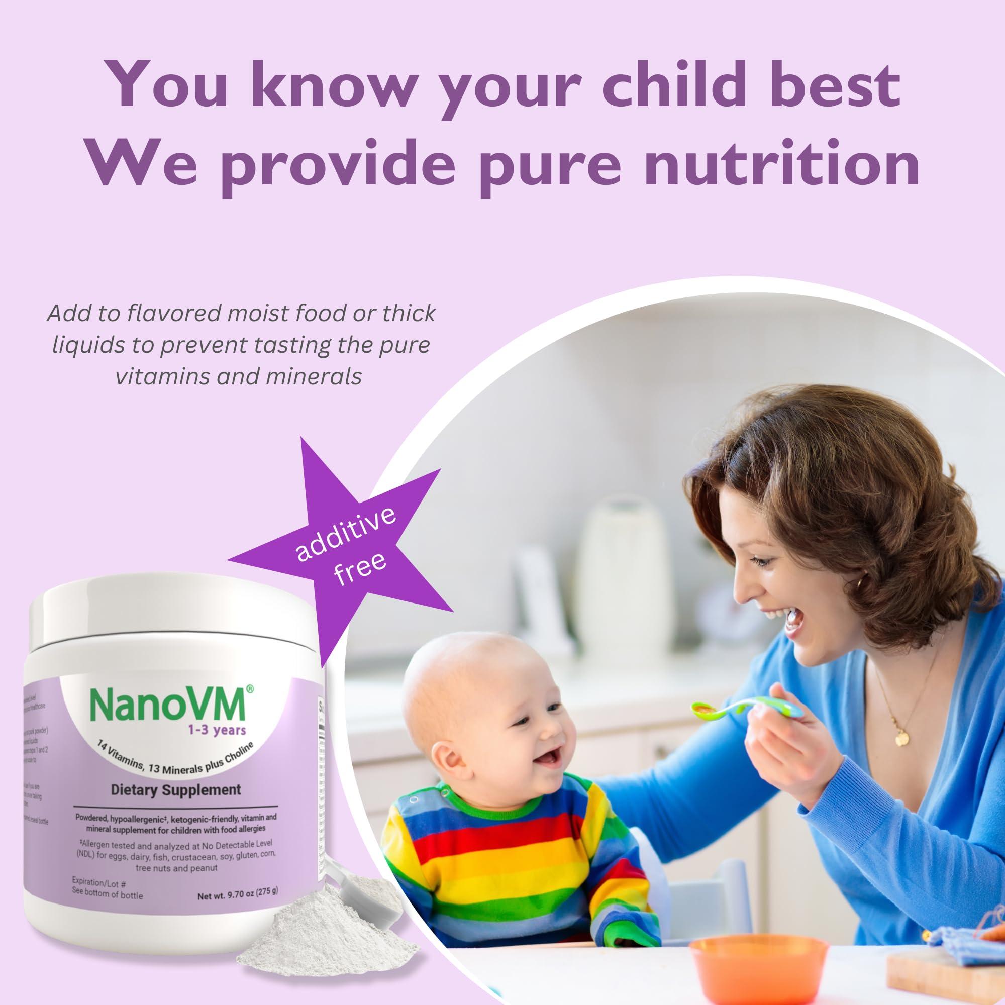 NanoVM NanoVM 1-3 Years, Allergen-Free Multivitamin for Kids, Unflavored Dietary Supplement, Powdered Supplement with 14 Vitamins & 13 Minerals, Low-Carbohydrate Toddler Vitamins, 275g - Solace Nutrition