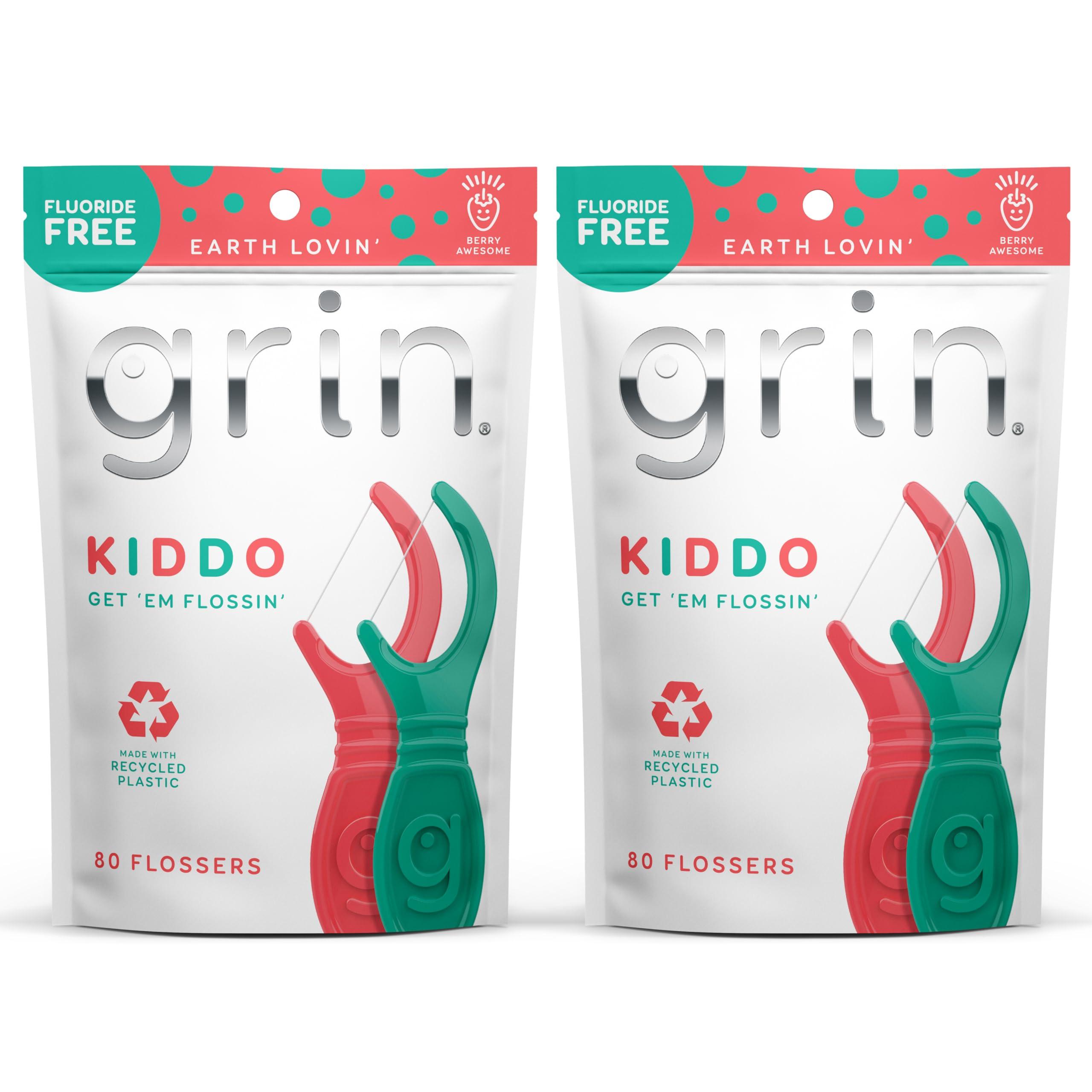 Grin GRIN Kiddo Flossers, Berry Awesome Flavor, Recycled Plastic, Jumbo Grip, Get Your KIDDOS Flossin Early, Larger Floss Head, Child Safe! 80 Count, Floss Picks, Dental Flossers (Pack of 2)
