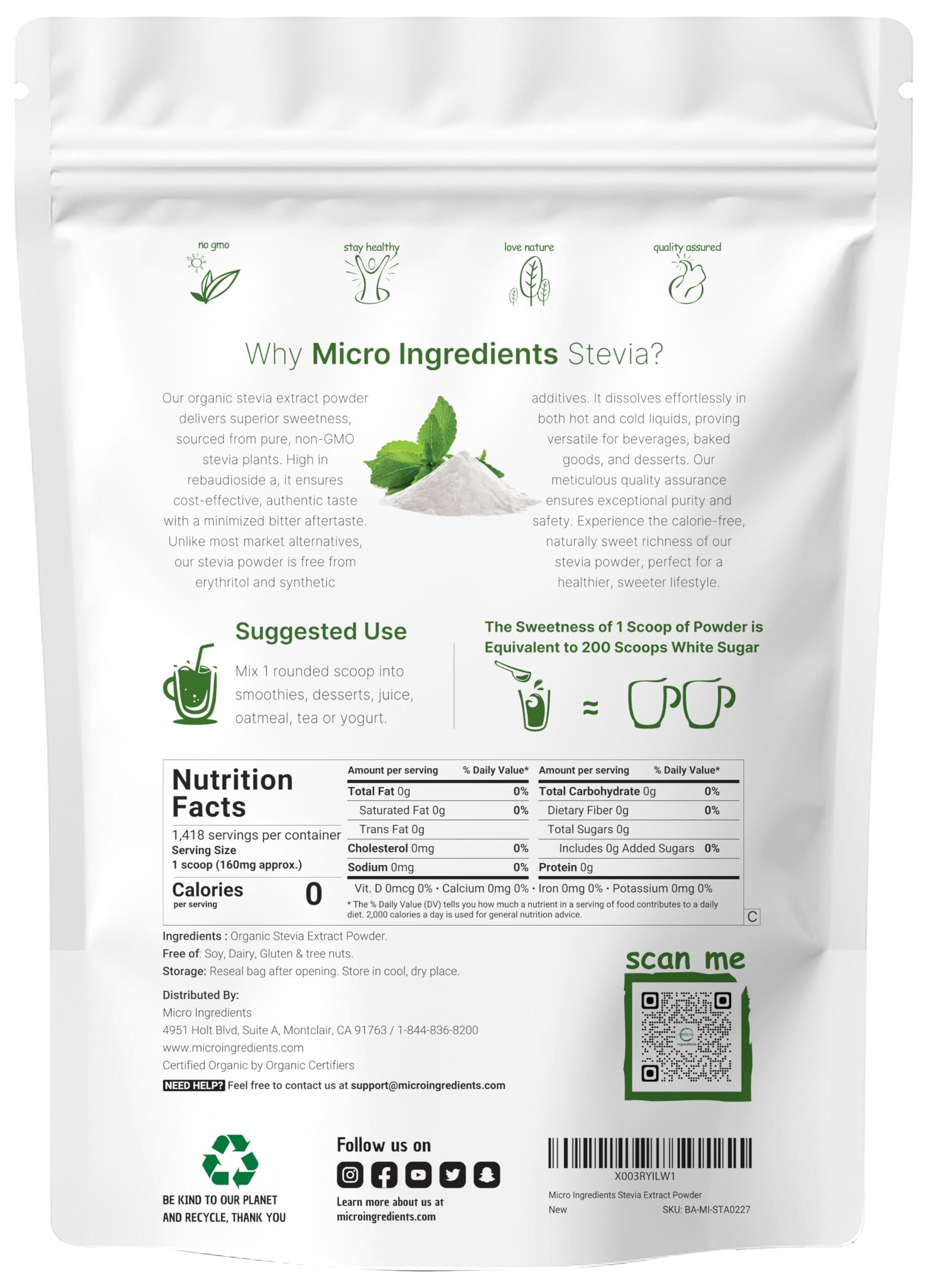Micro Ingredients Pure Organic Stevia Powder, 8 Ounces, 1418 Serving, High Grade Stevia Green Leaf Extract Reb-A, Reduced Bitter Aftertaste, 0 Calorie, Natural Sweetener, Sugar Alternative, Keto Friendly
