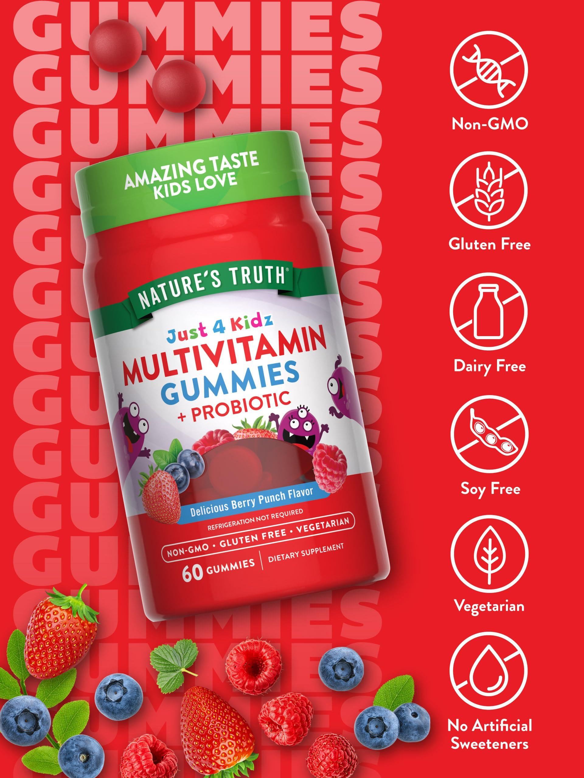 Nature's Truth Nature\'s Truth Kids Multivitamin Gummies with Probiotics | 60 Count | Berry Punch Flavor | Vegetarian, Non-GMO, and Gluten Free Supplement