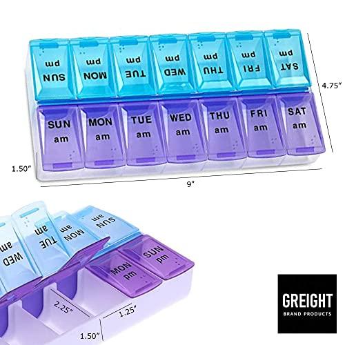 GREIGHT BRAND PRODUCTS XL Pill Organizer - 7 Day Weekly Pill Box AM PM - Twice a Day - 9\" x 4.75\" Extra Large Size Pill Case for Medicines, Vitamins, Supplements -