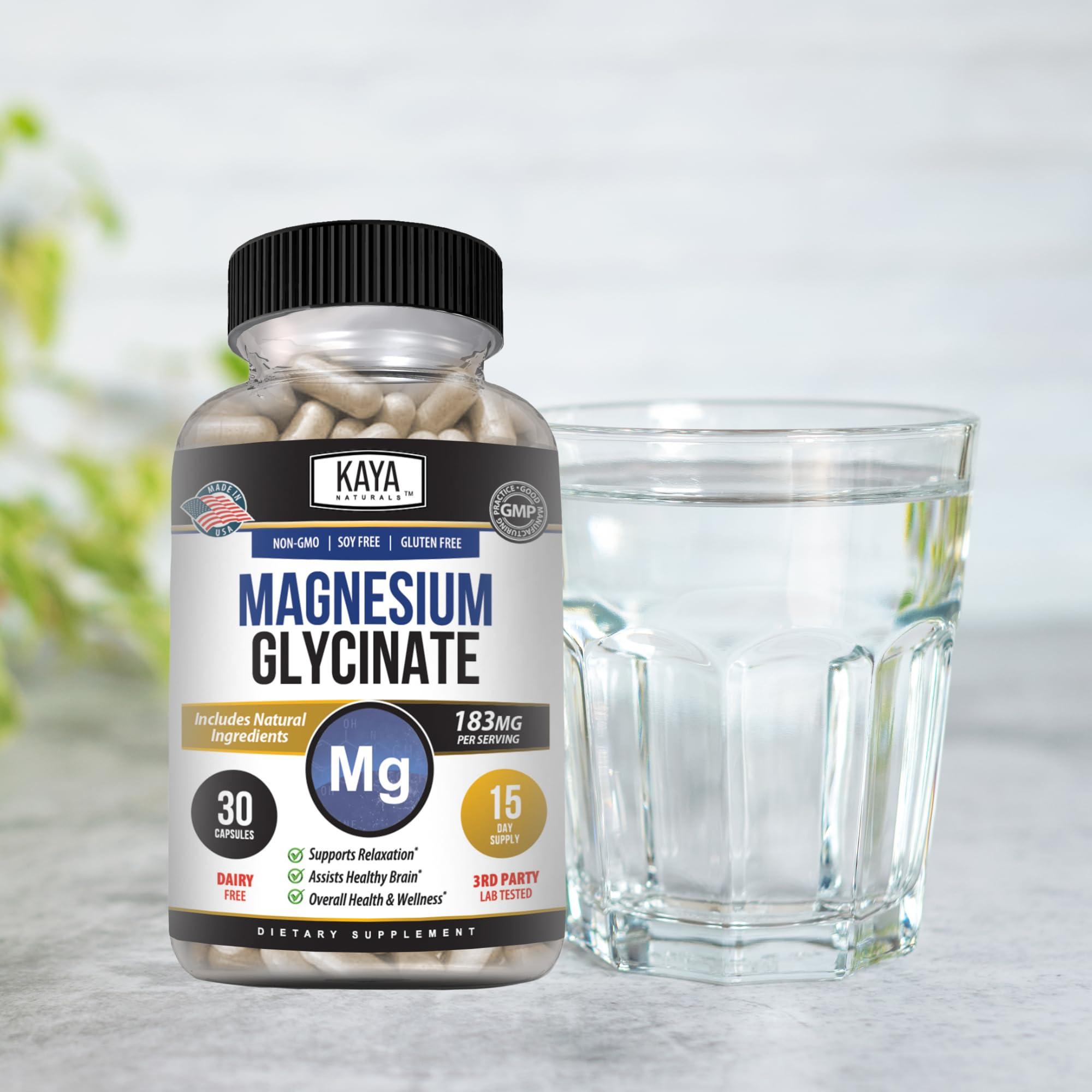 Kaya Naturals Kaya Naturals Magnesium Glycinate 183mg per Caps, Chelated for Maximum Absorption, Non-GMO, NO Gluten Dairy & Soy, Supports Muscle, Joint, and Heart Health (30 Count (Pack of 1))