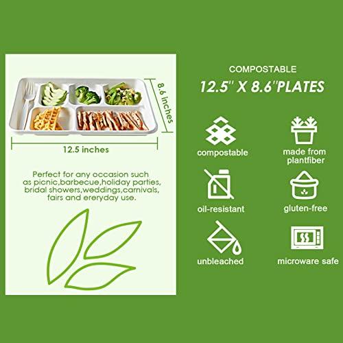 Vplus Vplus 100% Compostable 6 Compartment Plates, 90 Pack Compartment Paper Plate, 12.5 * 8.6 inch Disposable School Lunch Trays, Eco-Friendly Bagasse Plates for School Lunch, Buffet, and Party